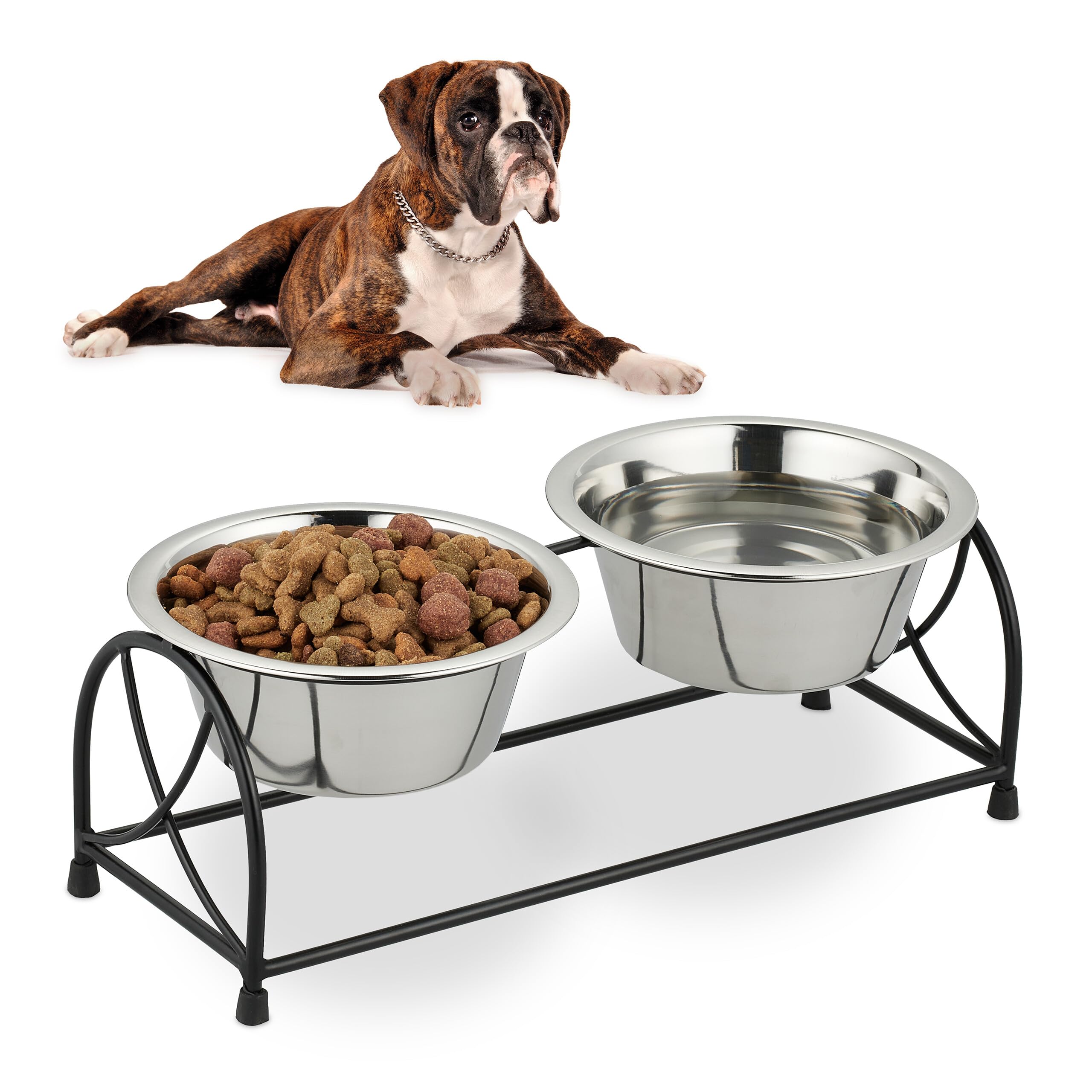 Relaxdays Gamelles, Support pour Petits Chiens, avec 2 Bols en Acier Inoxydable de 1 L chacun, Noir - argenté