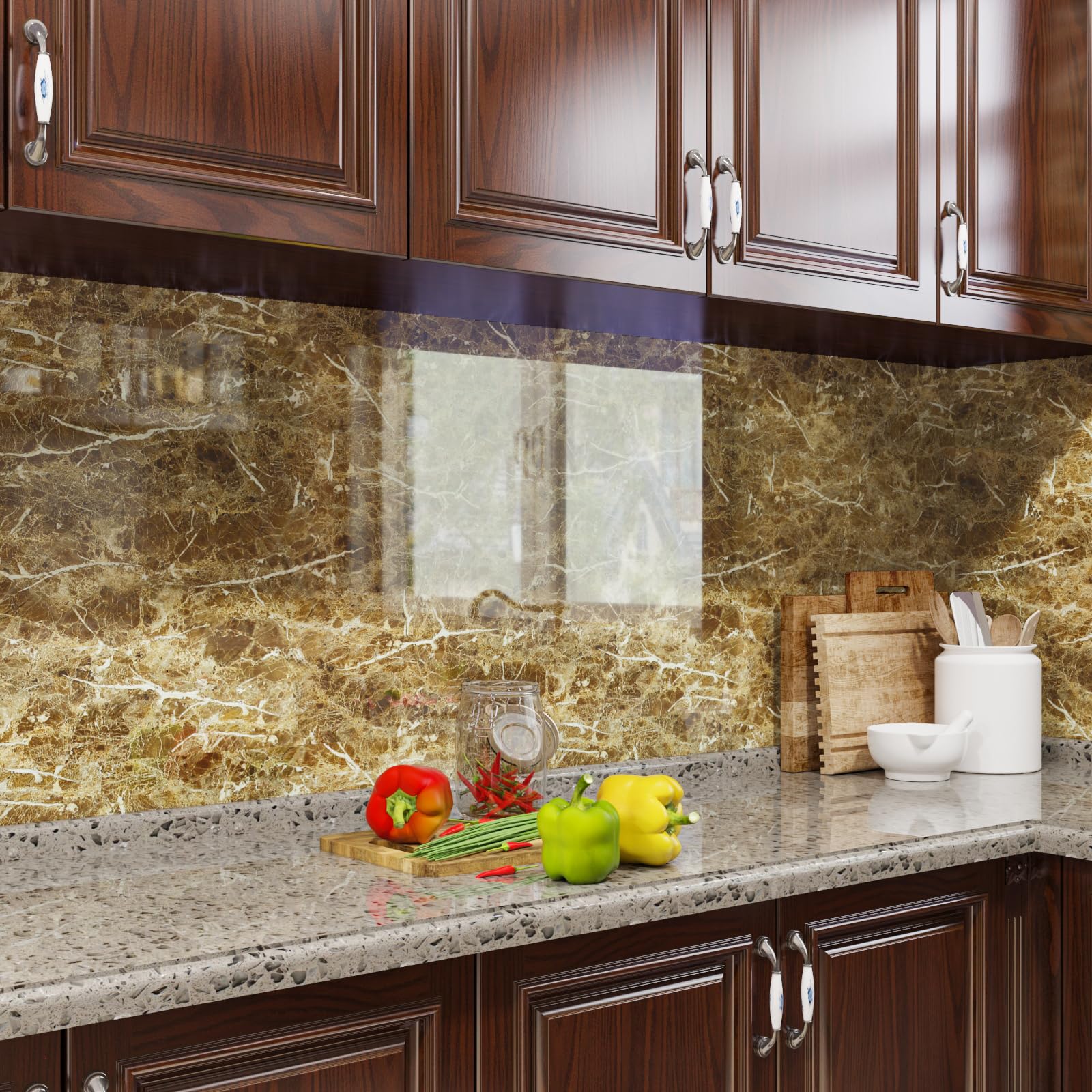 VaryFloral Light Brown Peel and Stick Wallpaper 30cmx300cm Marble Wallpaper Glossy Brownish White Vein Sticky Back Plastic Waterproof Removable Contact Paper Worktop Vinyl Covering Furniture Cabinet