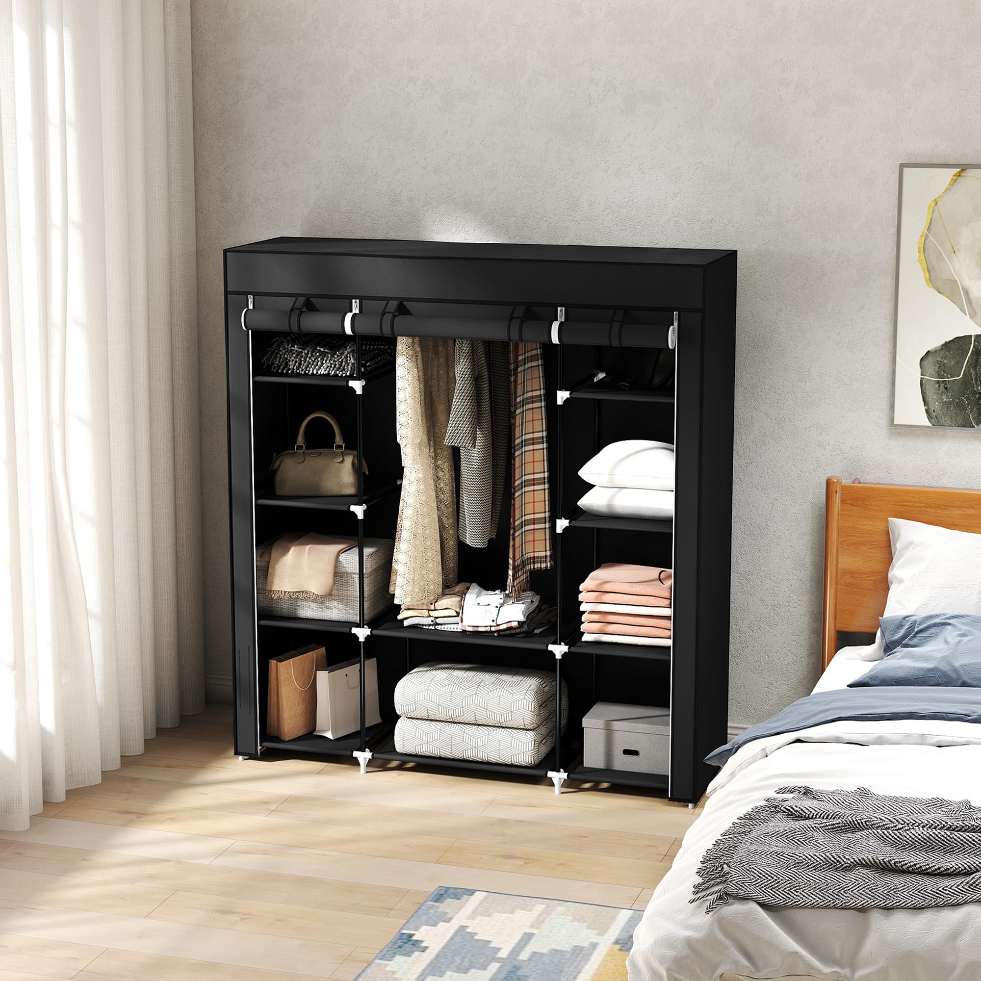 HOMCOM Armoire Penderie en Tissu 150 x 43 x 162,5 cm Noir | Meuble de Rangement, Tringle à Vêtements, Étagères Ouvertes, Penderie Vêtement Dressing, pour Chambre à Coucher