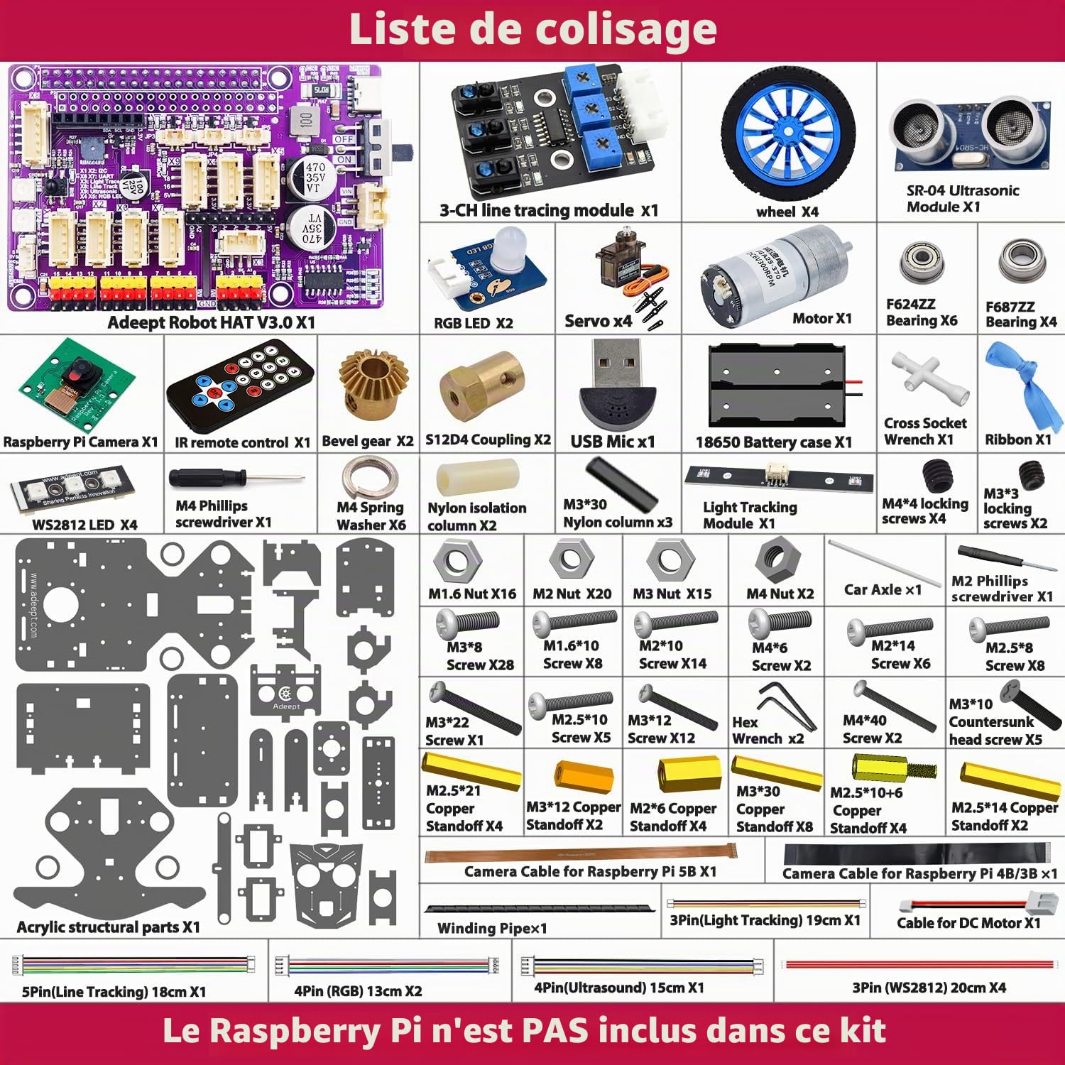 Adeept PiCar-B Mars Rover Kit de voiture intelligente pour Raspberry Pi 5/4B/3B/3B+, évitement d'obstacles, suivi de ligne, traçage de lumière, appareil photo, reconnaissance vocale, Python, tutoriels