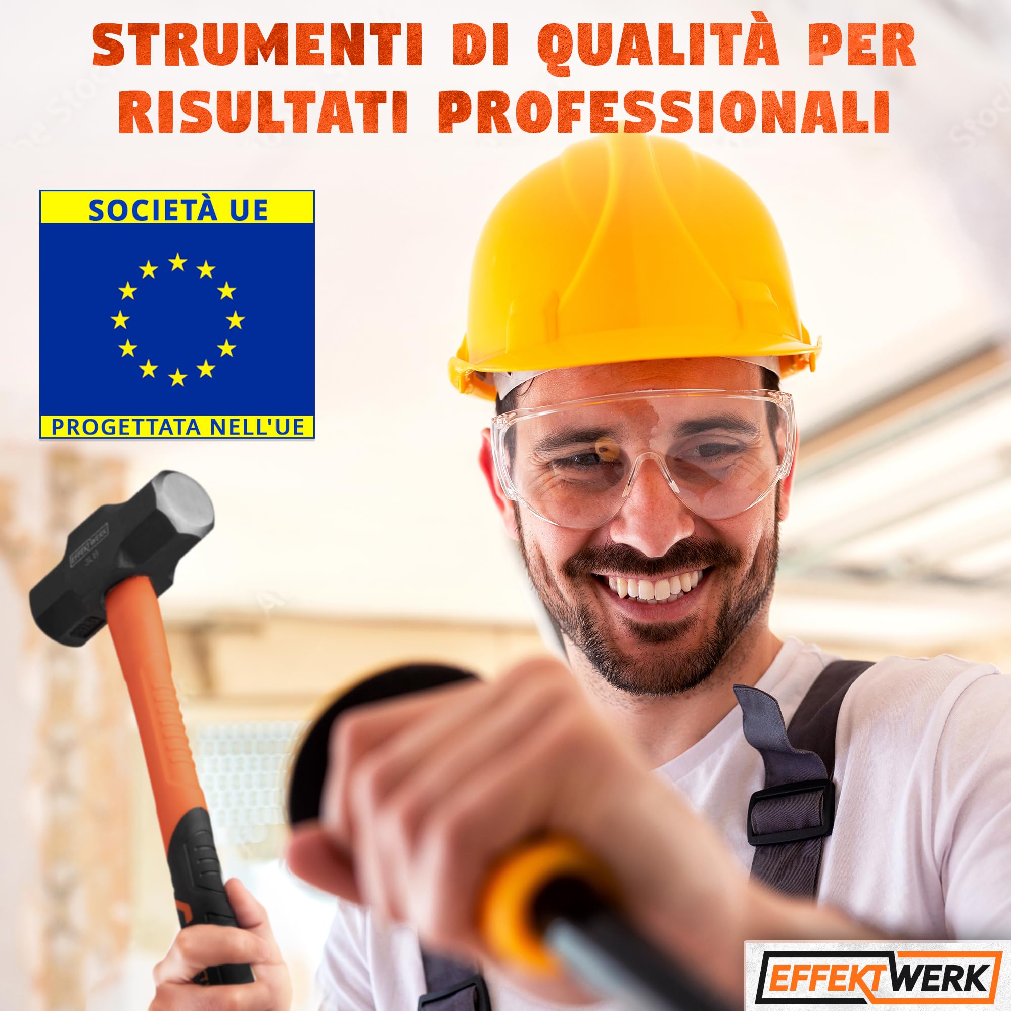Martello a manico lungo - 2 kg / 4,4 lb - Martello a manico lungo piccolo con manico in fibra di vetro da 24 cm e testa in acciaio forgiato per lavori di demolizione