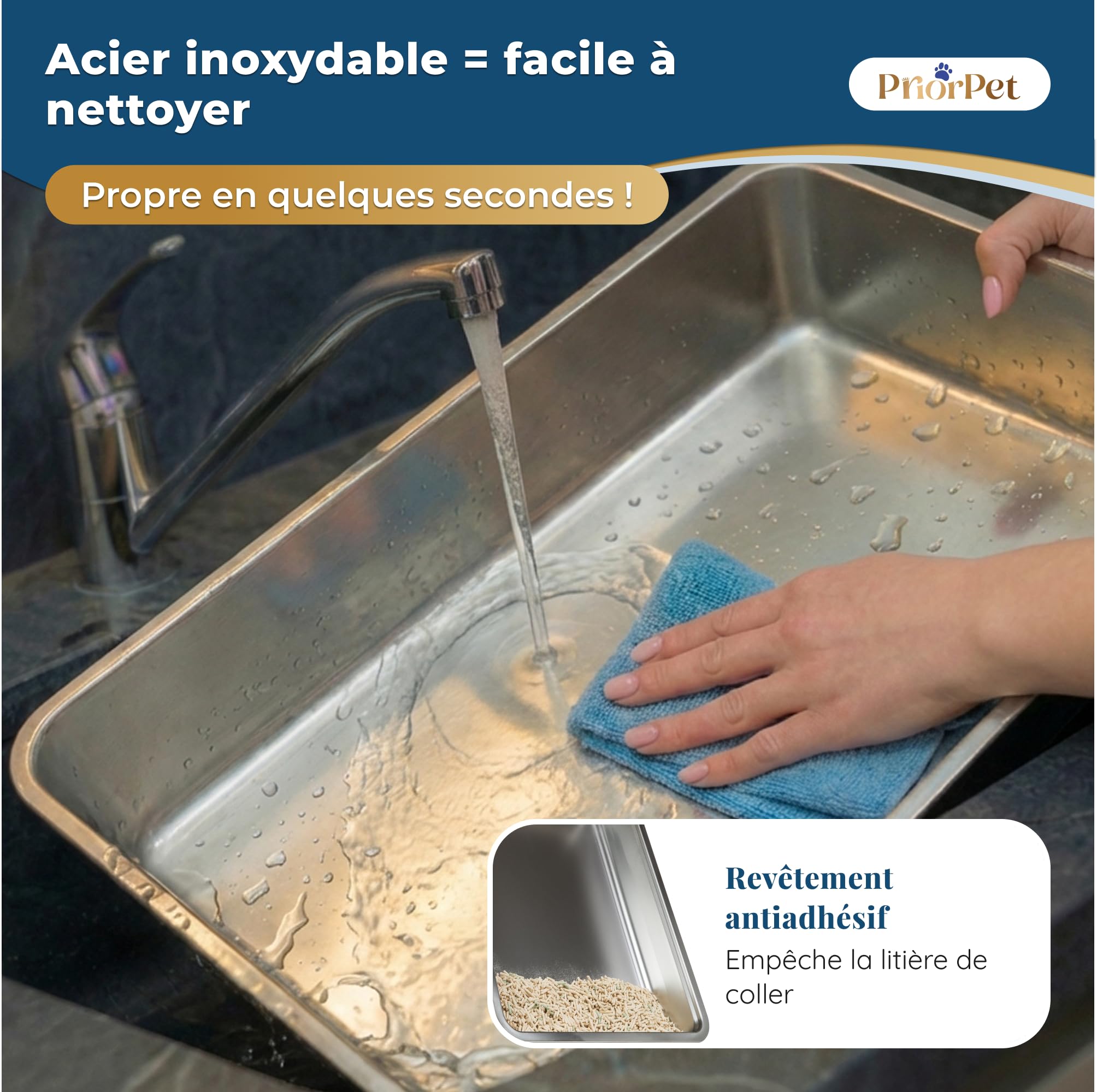 Bac litiere pour Chat INOX XXL Grand – Bac à litière pour Grands Chats & 2 Chats – Litiere Chat XXL Maine Coon – Grande litiere, Bord Haut, Anti-Fuite, Anti-Odeur – avec Pelle – 71×52×30 cm