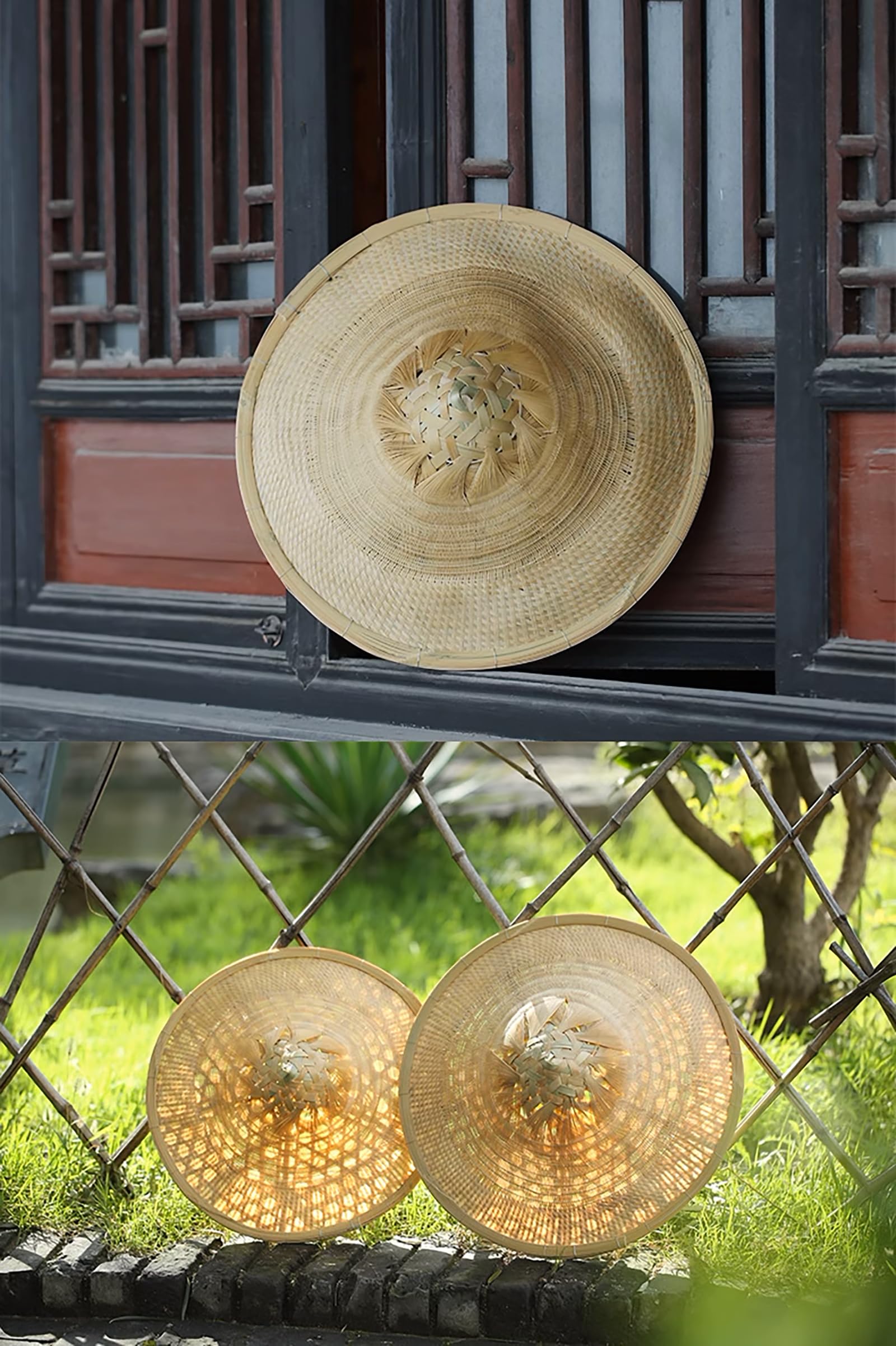 TIETHEKNOT Sombrero de paja de bambú hecho a mano (diámetro 42 cm, profundidad 12 cm), amarillo claro, 59
