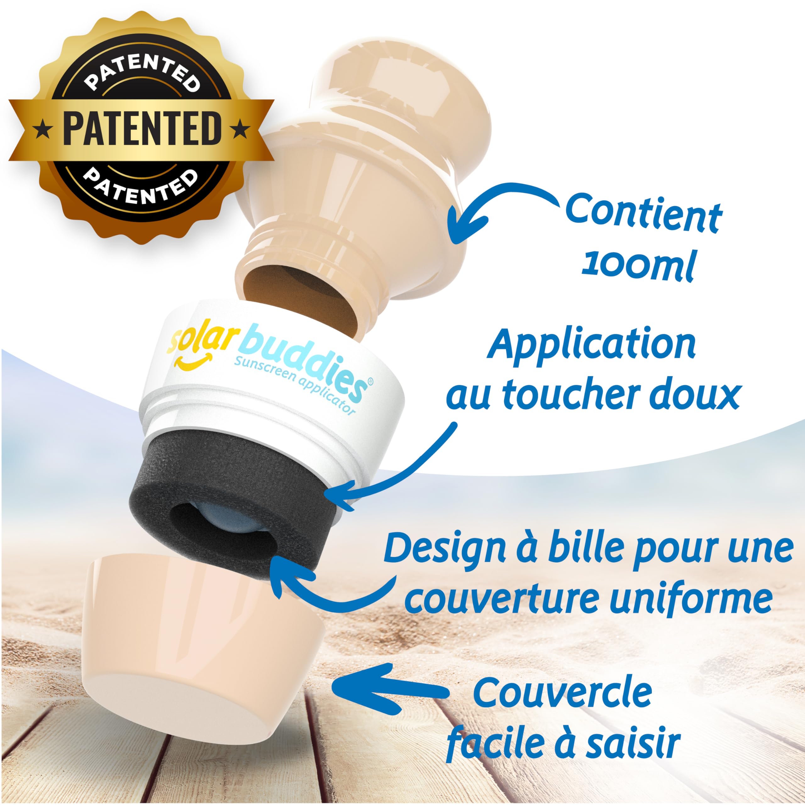 Applicateur de crème solaire Solar Buddies – Unité individuelle – Rechargeable à bille avec éponge – Crème solaire et lotions – Enfants, adultes, familles – 100 ml – Idéal voyage (Nude_N)