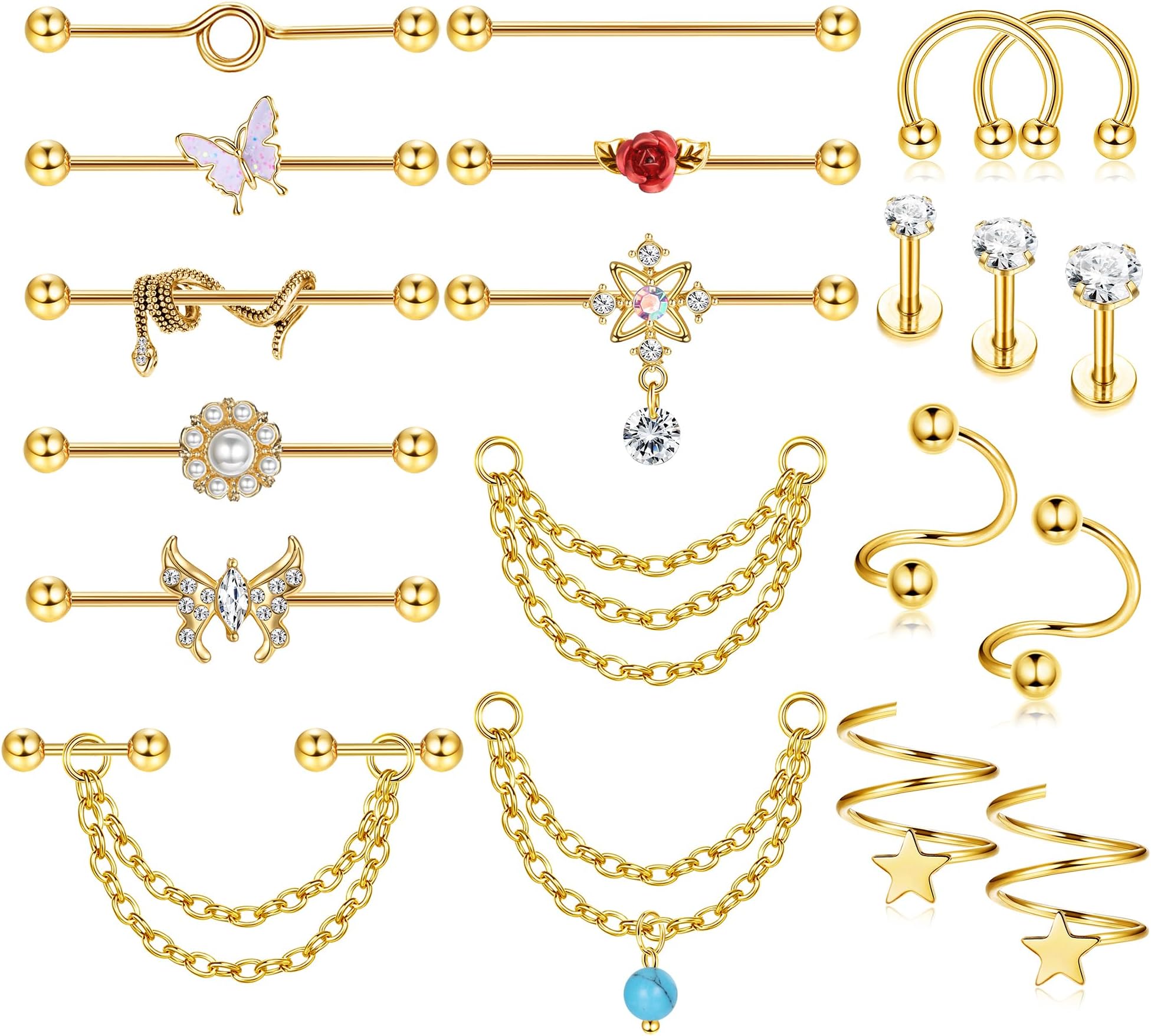 JeryWe20-23Pcs Stainless Surgical Steel Industrial Piercing Jewelry 14g 16g Industrial Earrings Chain Industrial Bar Piercing Cartilage Helix Piercing Earrings Industrial Barbell for Women Men