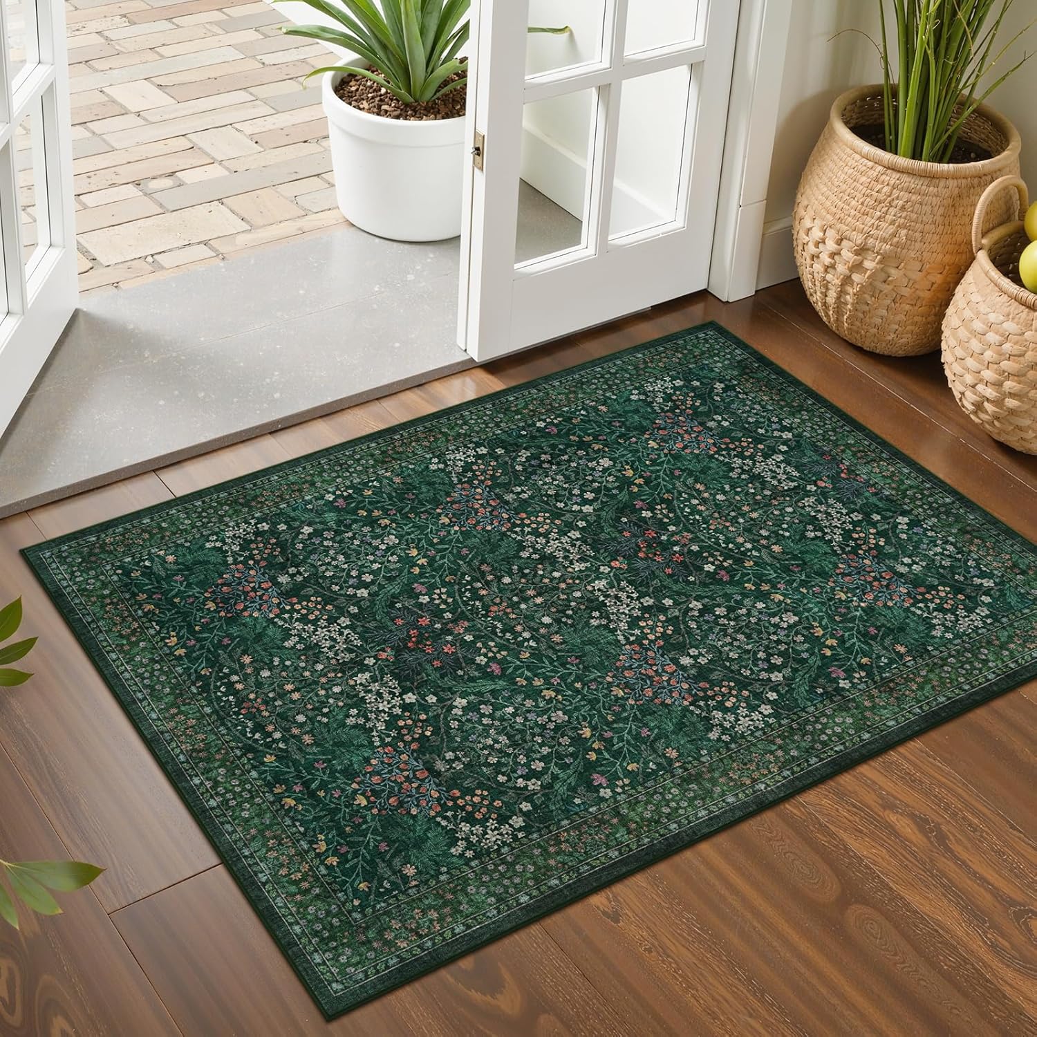LIVEBOX Dark Green Floral Entryway Rug 2x3 Washable Rugs for Kitchen, Boho Non Slip Indoor Door Mat Entrance, Vintage Green Forest Small Low Pile Ultra Thin Throw Carpet for Bedroom Bathroom Laundry