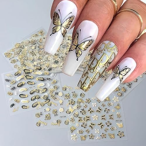 Juego de 30 calcomanías 3D de uñas florales negras y doradas, diseño de flores de mariposa, decoración de manicura, diseño de uñas floral, lindo