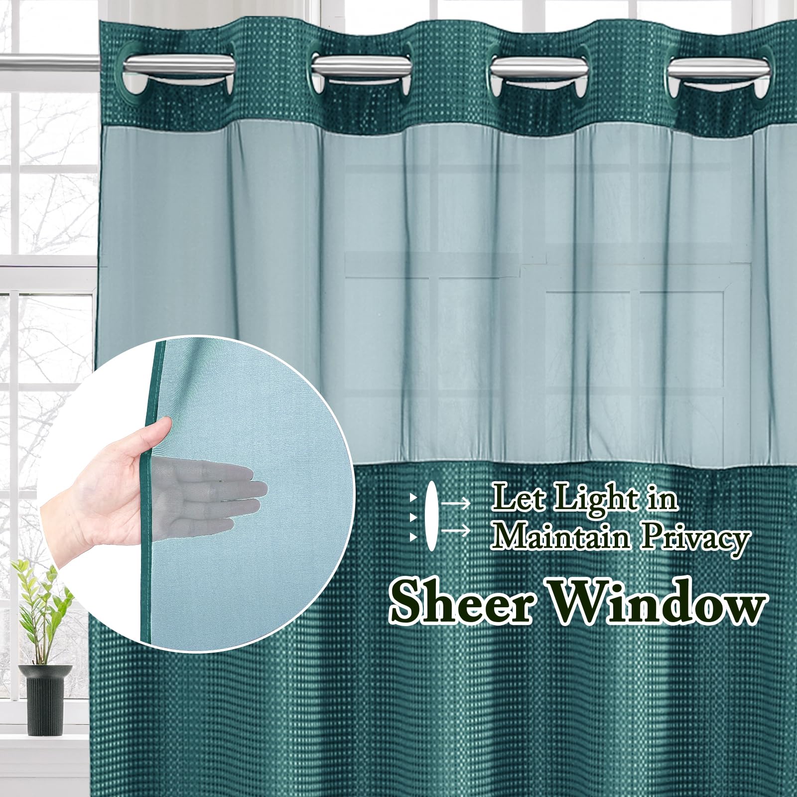 Gibelle Duschvorhang Ohne Haken - Waffelmuster Mit Stoffeinsatz & Netzfenster, Wasserdicht 183x188 Cm In Lila