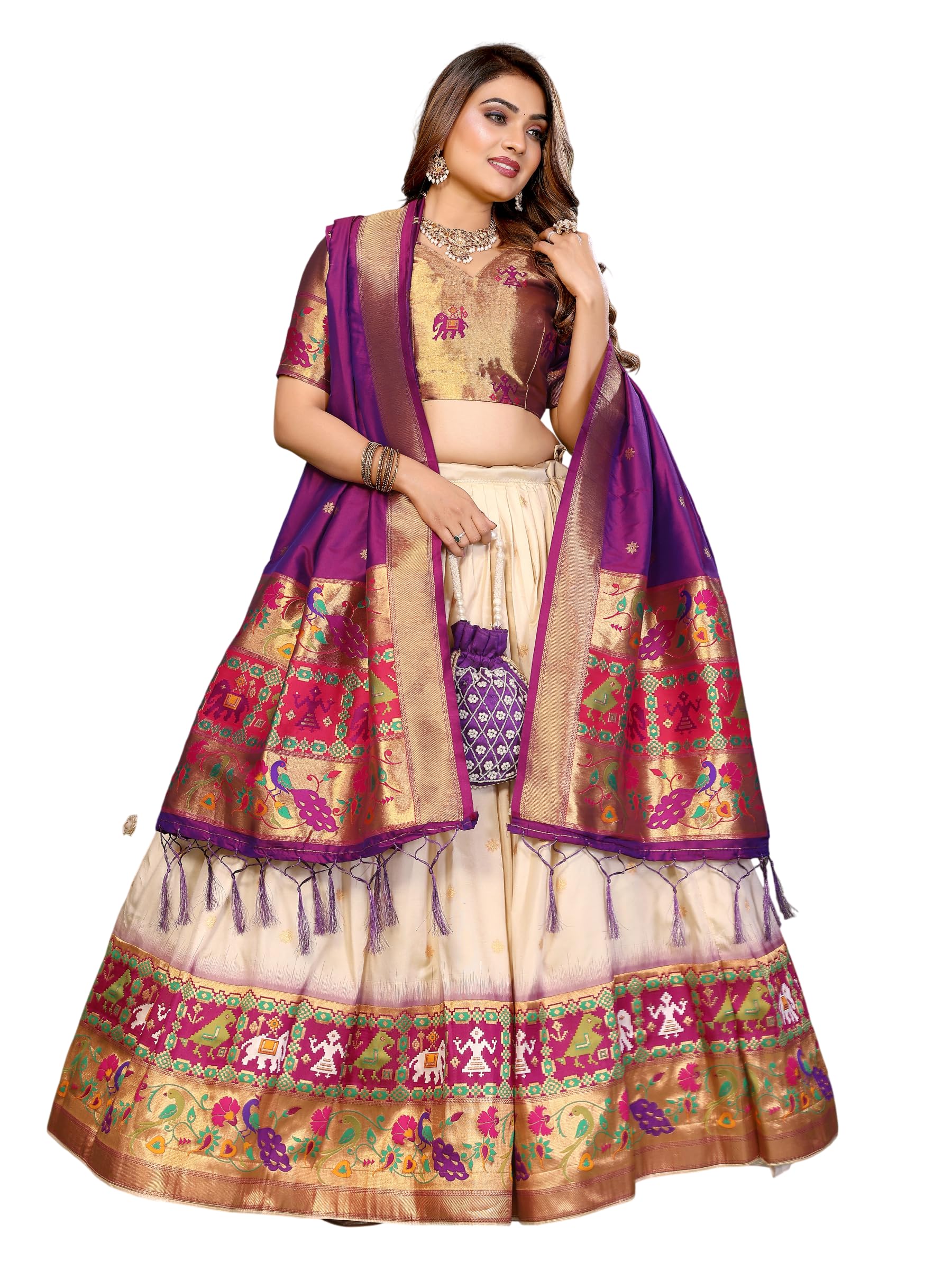 RV Ethnic Store Women's Paithani Lehenga Choli Set with Flared Skirt, Traditional Woven Design & Dupatta Ethnic Set For Women-image-27
