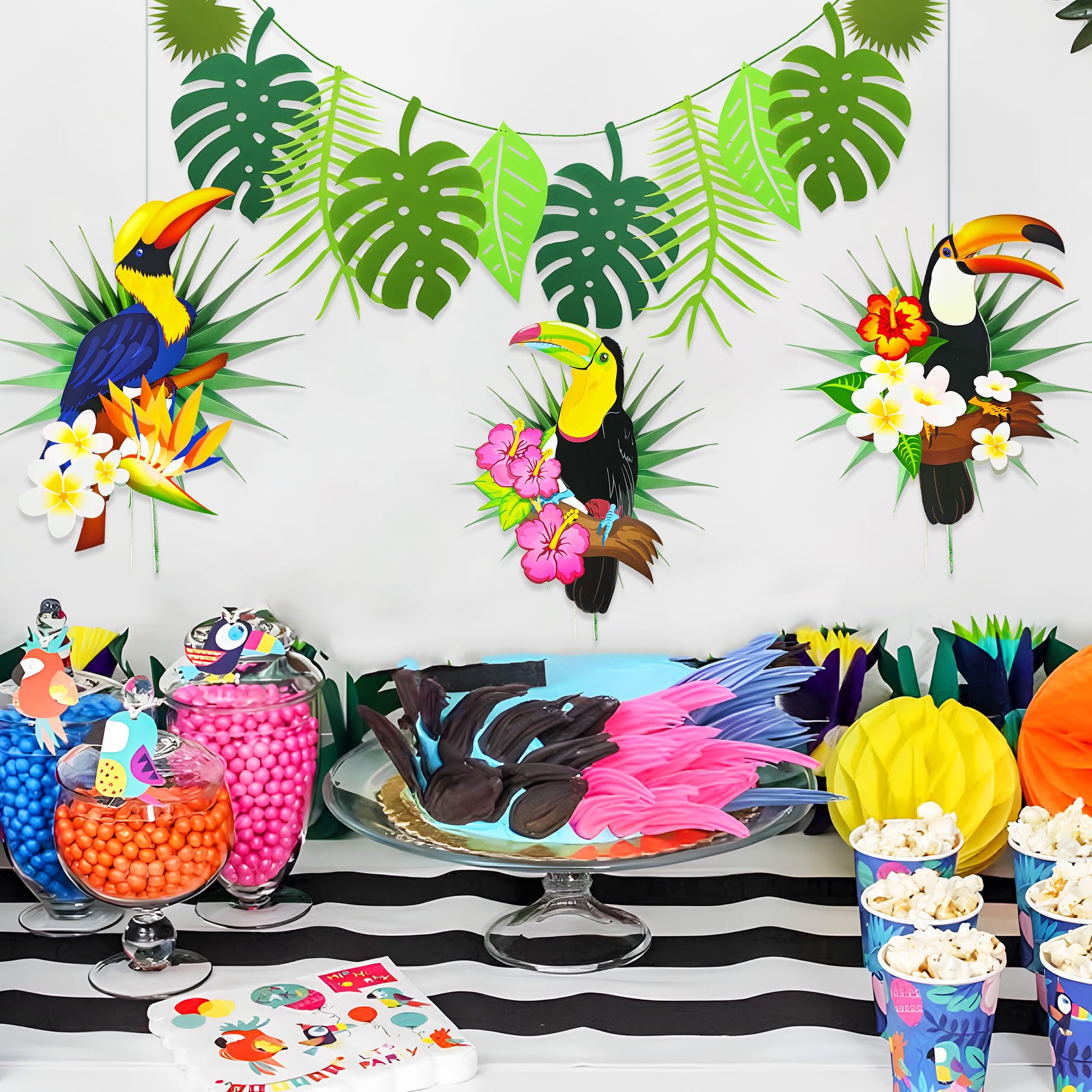 Tropical Birds Honeycomb Paper Cutouts Parrot Honeycomb Palm Leaves Banner Hawaiian Beach Luau Party Hanging Decorations Tiki Bar Supplies - Image 3
