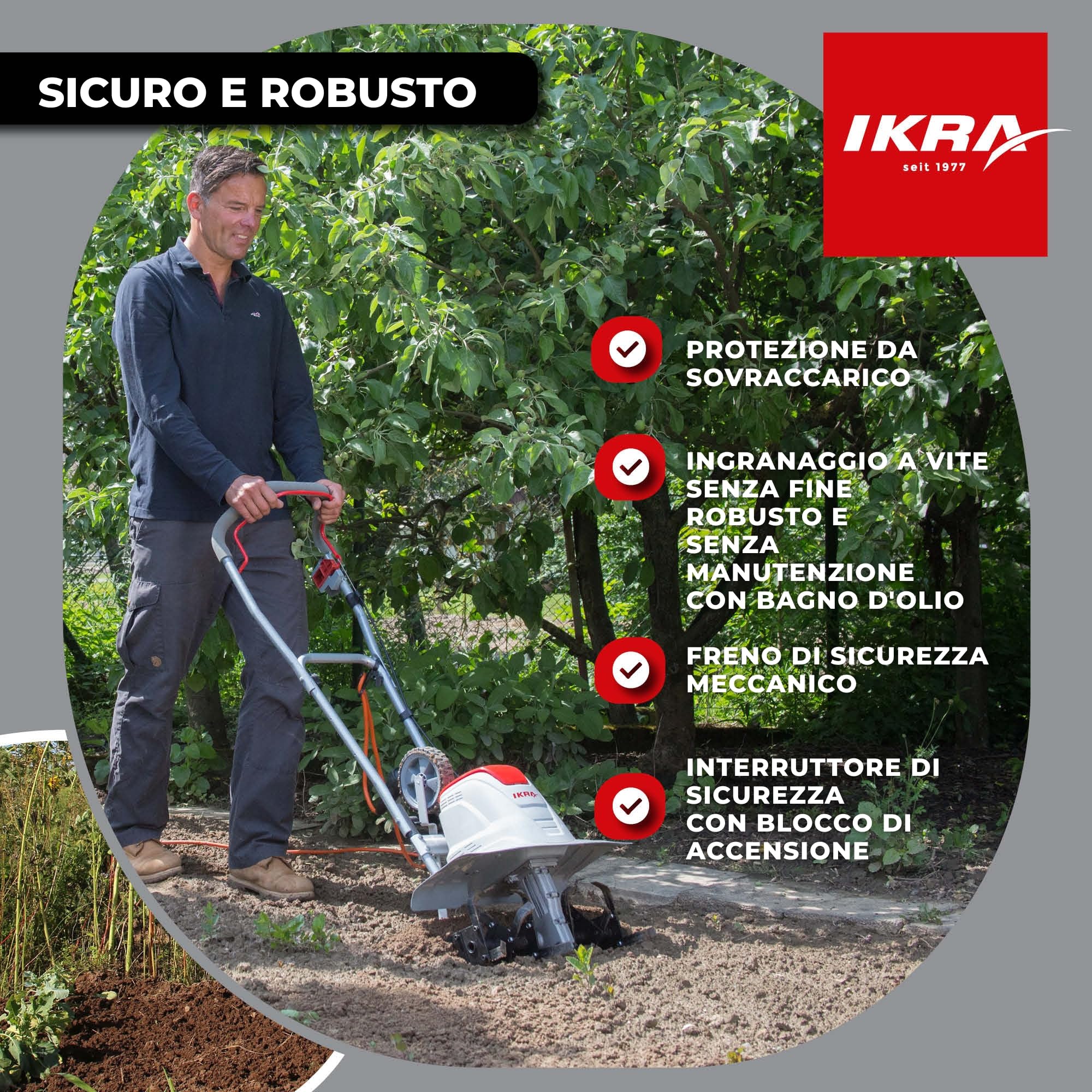 IKRA motozappa elettrica FEM 1500, 3 larghezze regolabili 17, 30 e 45 cm | 1500 W, profondità di lavoro 23 cm, sperone frenante, ruota trasporto, pieghevole, protezione da sovraccarico