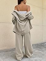 Vista 2 de OYOANGLE Blusa de 2 piezas con botones para mujer, manga larga y pantalones de pierna ancha con bolsillo