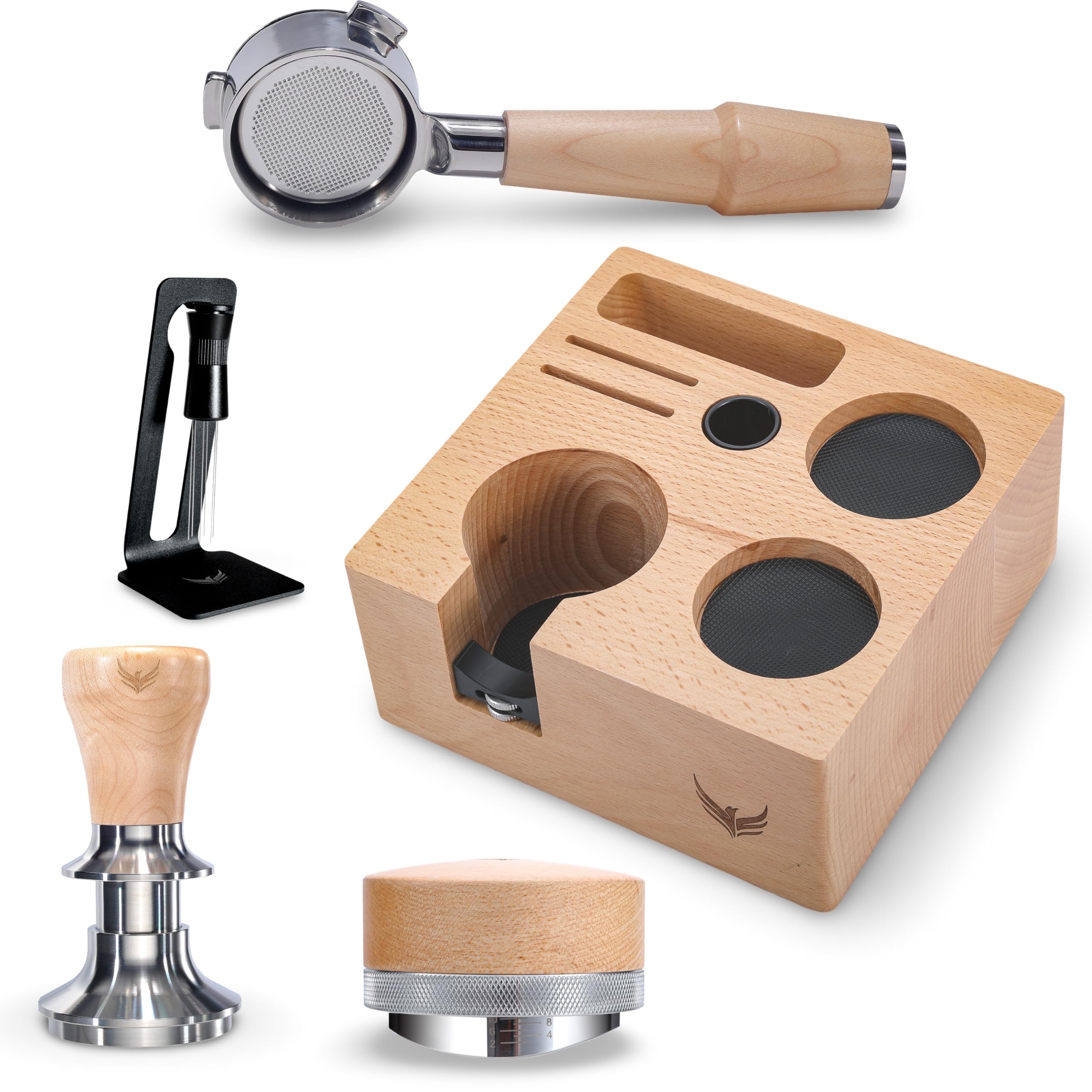 Siebträger Zubehör Set 54mm für Sage Ahorn & Buche – Bodenloser Siebträger, Kalibrierter Tamper, Tamperstation, WDT Tool & Kaffee-Verteiler Für Sage Barista Express, Pro, Touch & Bambino Plus