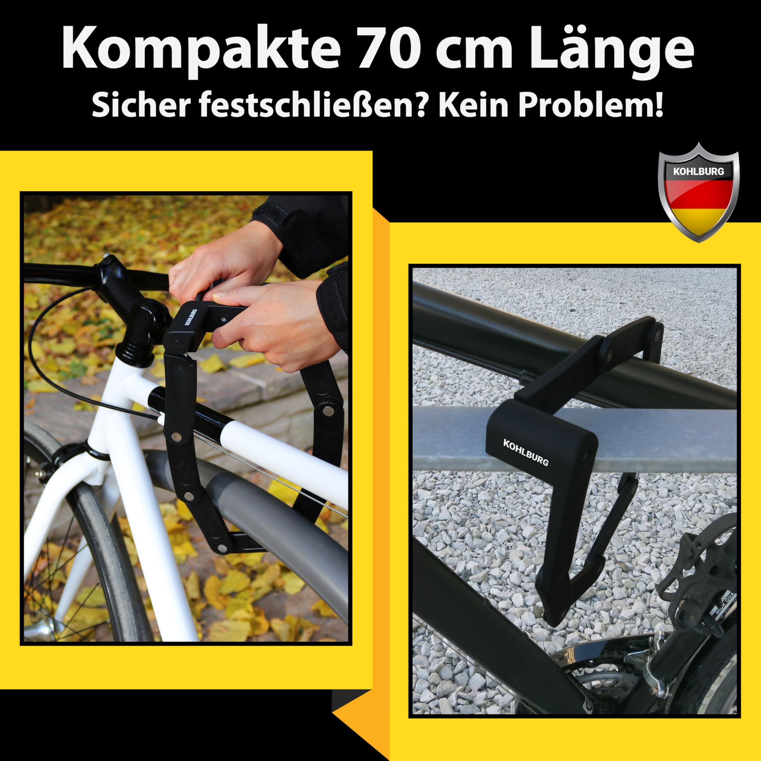 KOHLBURG leichtes & kleines Faltschloss - 680g leicht & 70cm lang - sicheres Fahrradschloss aus gehärtetem Stahl für E-Bike & Fahrrad mit Halterung