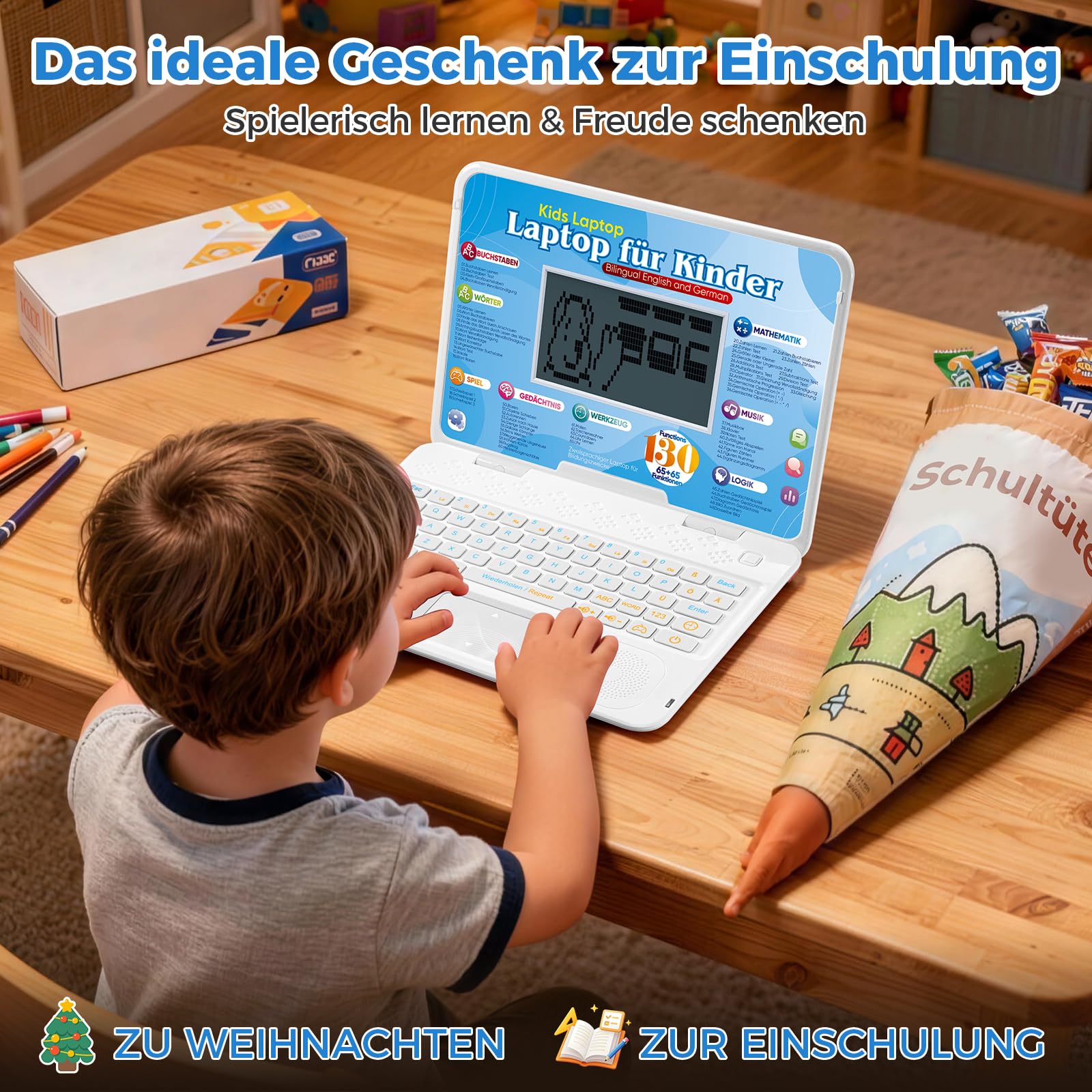 Kinder Laptop - Bilingualer Lerncomputer (DE/EN) mit 9,7x5,2cm Bildschirm für Mathe, Alphabet, Musik & Spiele