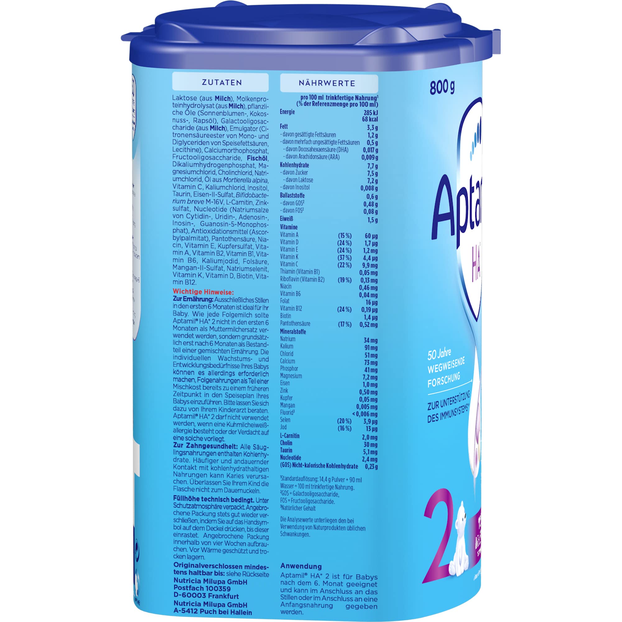 Aptamil HA 2 – Anschlussnahrung nach dem 6. Monat, Mit Omega 3 & 6, DHA, ARA & ALA, Nur Laktose, Ohne Palmöl, Babynahrung, Milchpulver, 1x 800g (Packung mit 4)