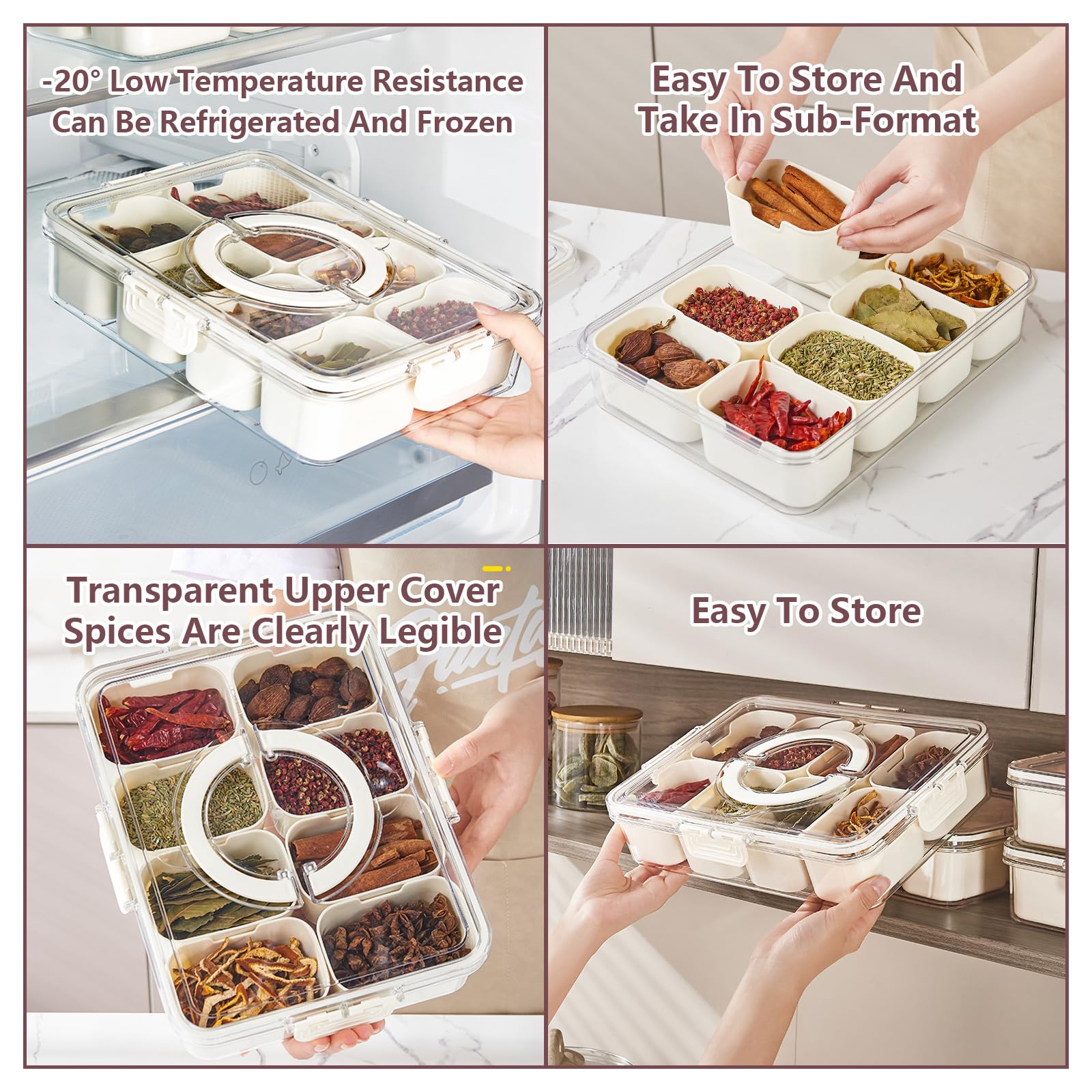Bandeja de Servir Dividida con Tapa y Asa Bandejas para Bocadillos Cajas Bento para Contenedores de Almuerzo Cajas de Almacenamiento Organizador Portátil de Dulces para Frutas (Blanco)