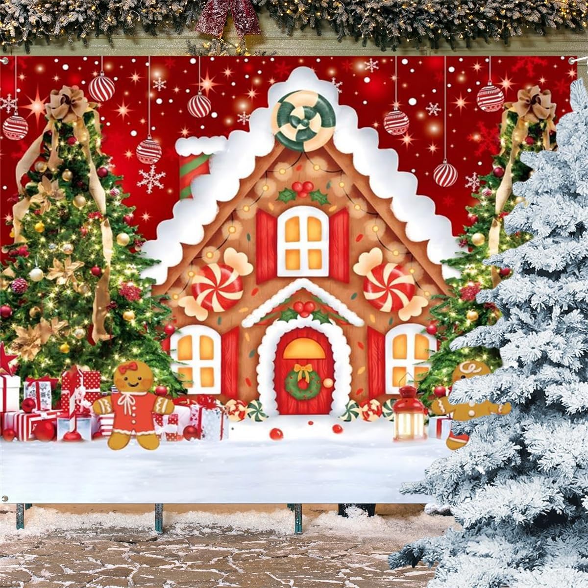 7x8 FT Christmas Garage Door Cover, Gingerbread House Garage Door Banner Decorations, Large Christmas Garage Door Banner Backdrop, Xmas Outdoor Party Decorative Supplies image 5