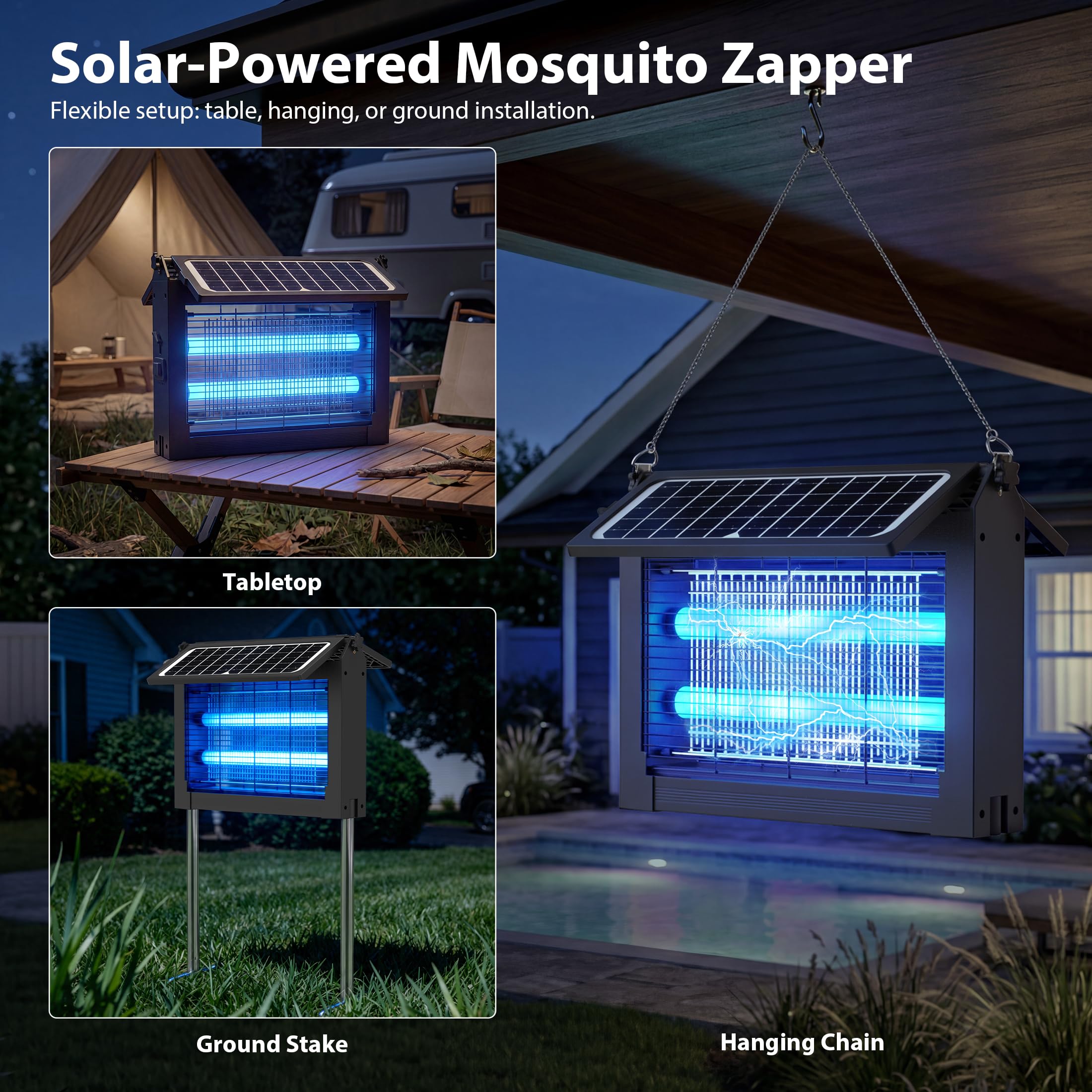 Zapper solare per insetti da esterno, 4500 V, ricaricabile senza fili, con ricarica USB-C, trappola elettrica impermeabile per insetti per portico, terrazza, garage, fienile, capannone