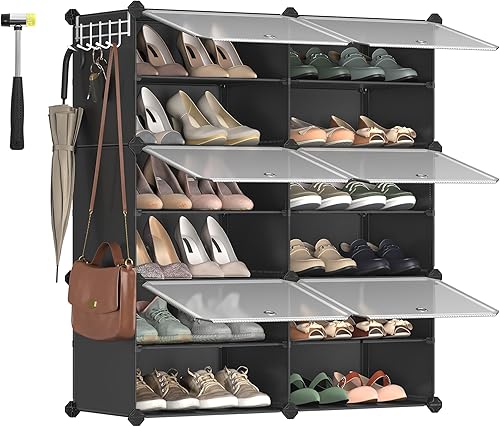 SONGMICS Zapatero, organizador de zapatos de 6 cubos con puertas, 24 pares de gabinete de almacenamiento de zapatos de plástico, para dormitorio,