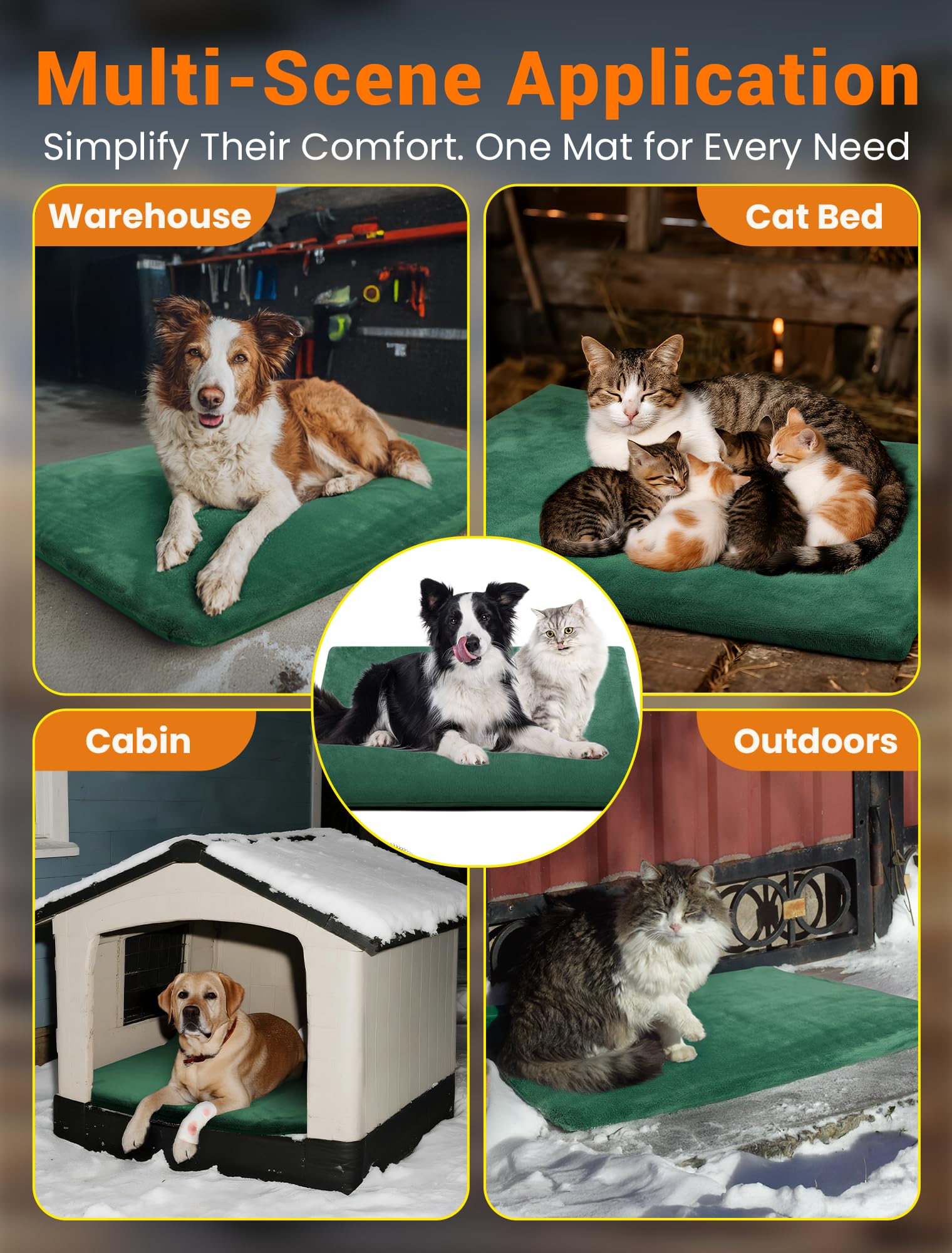 PETNF Heizkissen für Katzen und Hunde, 38-42 °C, automatische Temperaturregelung, wasserdicht, feuerfest, für Katzenhaus/Hundehütte/Terrasse, passend für Haustiere und streunende Haustiere (Grün, 60 x