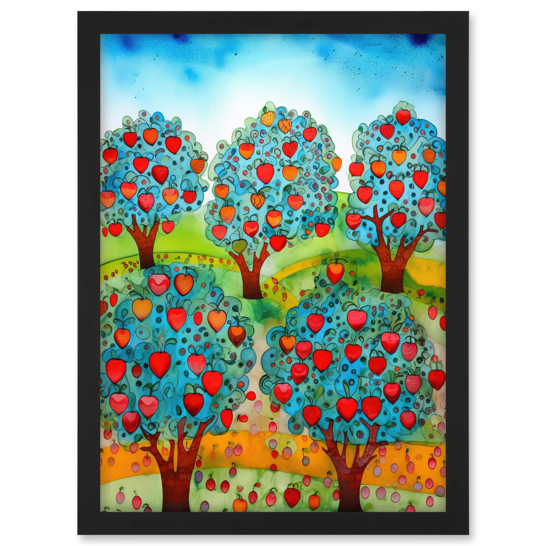 Artery8 Apple Orchard Trees Ready For Harvest Folk Art Landscape Watercolour Painting Artwork Framed A3 Wall Art Print