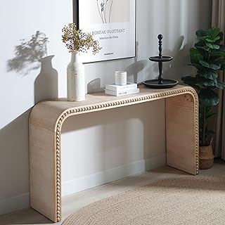 59" Curved Wood Console Table for Entry Way, Natural Entry Way Waterfall-Style, with Wood Beads for Entryway, Hallway, Living Room, Foyer, Corridor, Offic