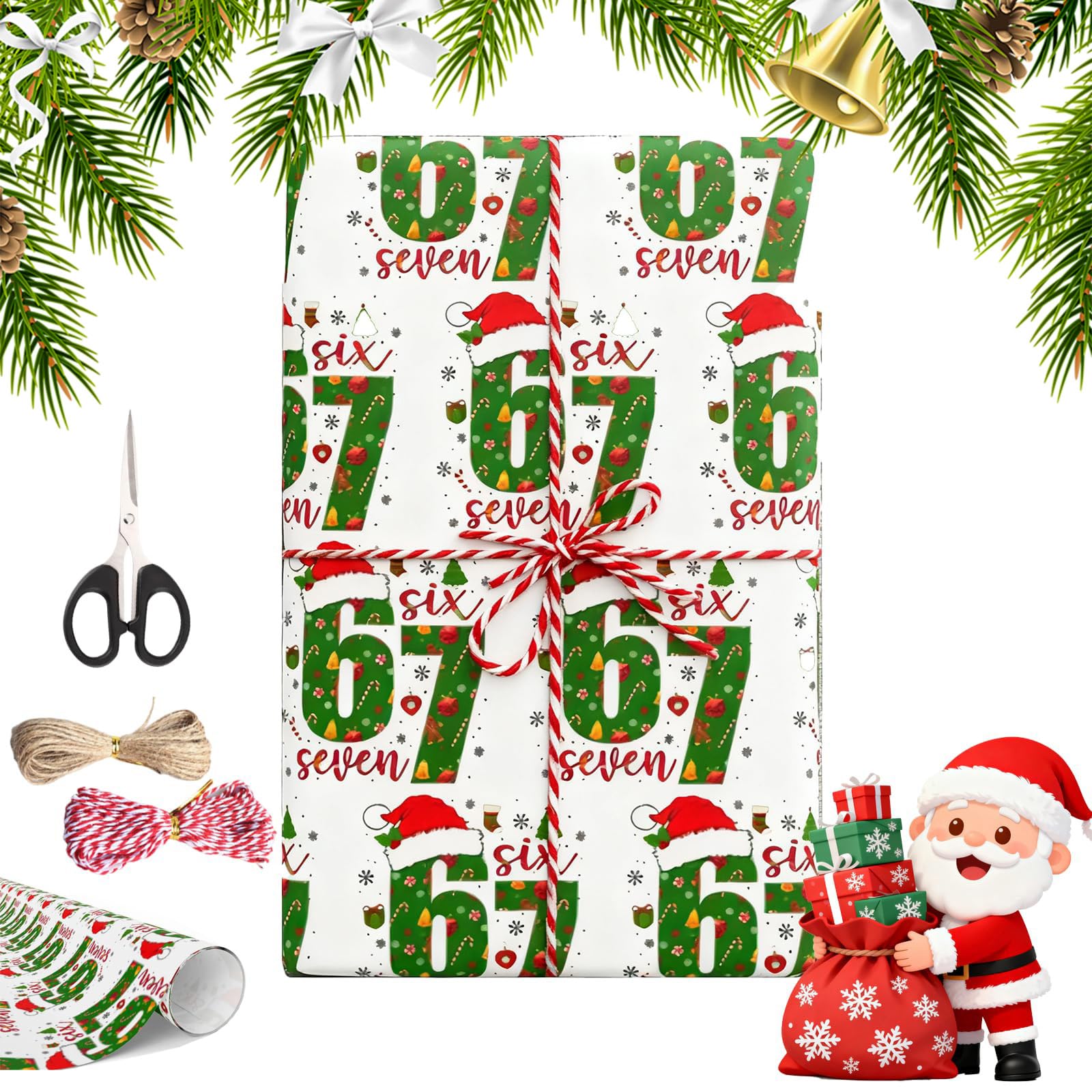 67 Wrapping Paper, 90 * 50cm 67 Christmas Wrapping Paper, Funny Gift 6 7 Wrapping Papers, White & Green DIY Gift Wrapping Papers (white)
