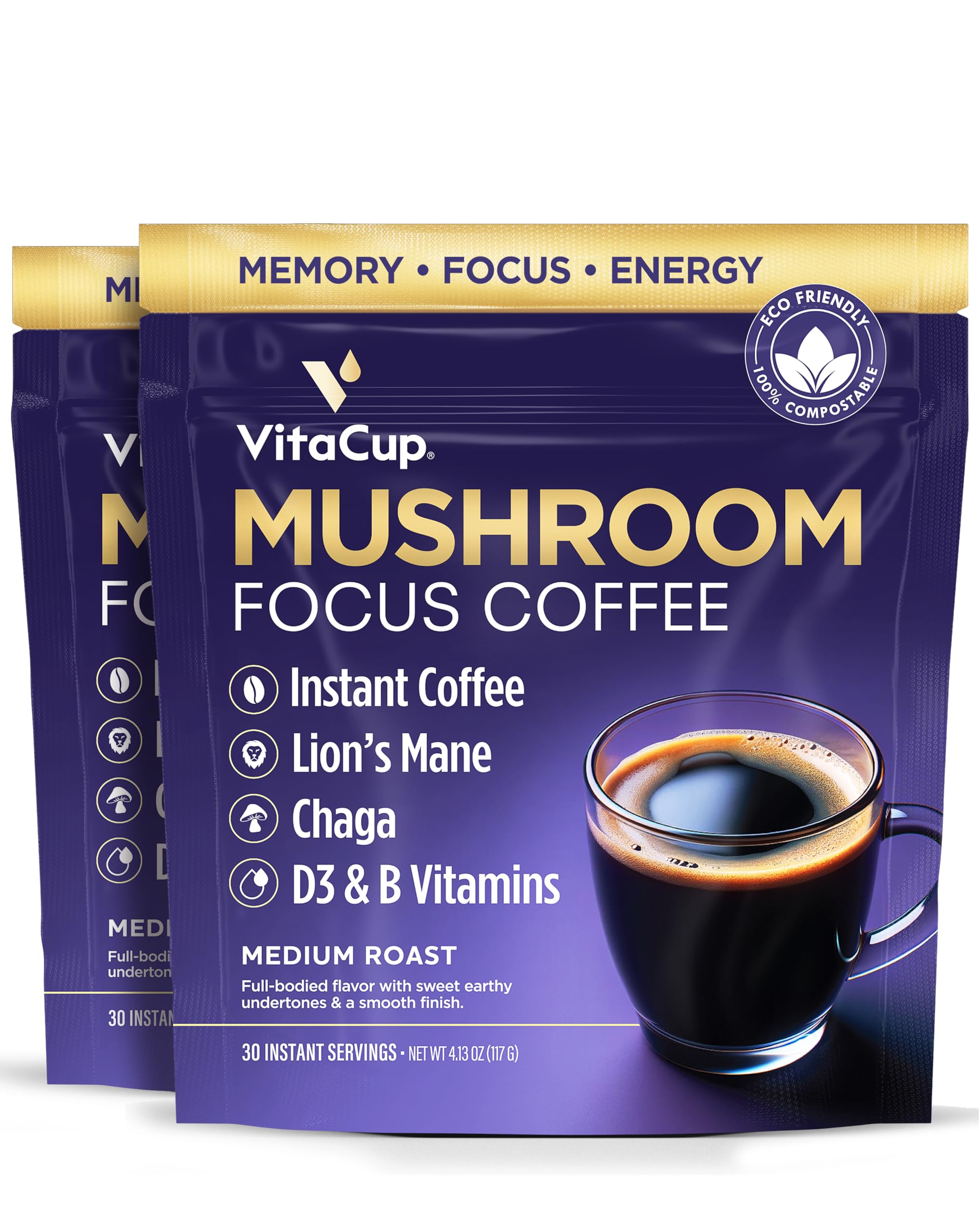 VitaCupFocus Mushroom Instant Coffee | For Memory & Clarity Support | with Fiber, Chaga, Lion’s Mane | D3 & B Vitamins | Medium Roast 100% Arabica & Robusta Instant Coffee | 2 Bags, 60 Servings