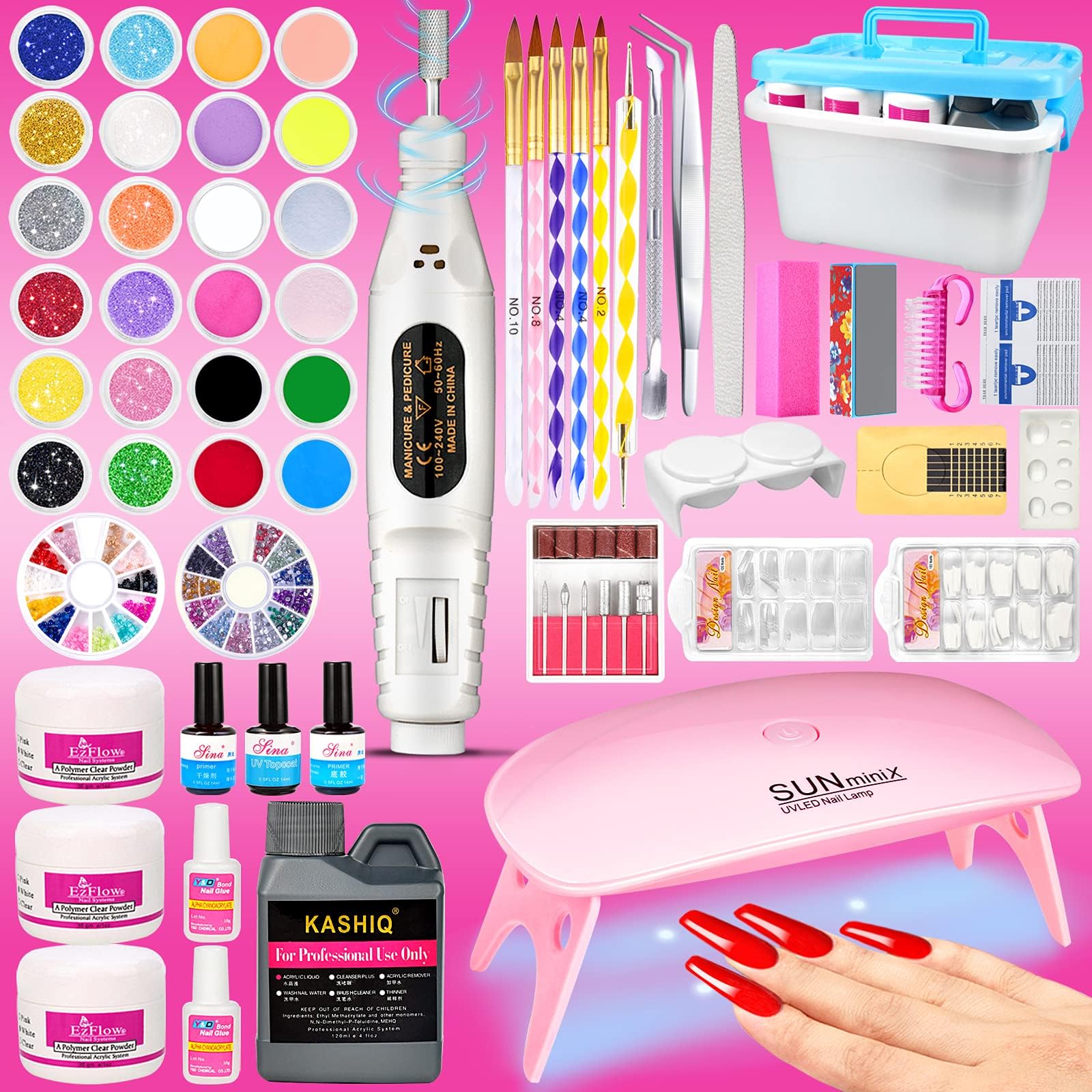 Acrylic Nail Kit Acrylic Powder and Monomer Acrylic Nail Liquid Nail Kit Set Professional Acrylic with Everything for Beginners,Glitter Nail Art Nail Tips with Electric Nail Drill and UV LED Nail Lamp