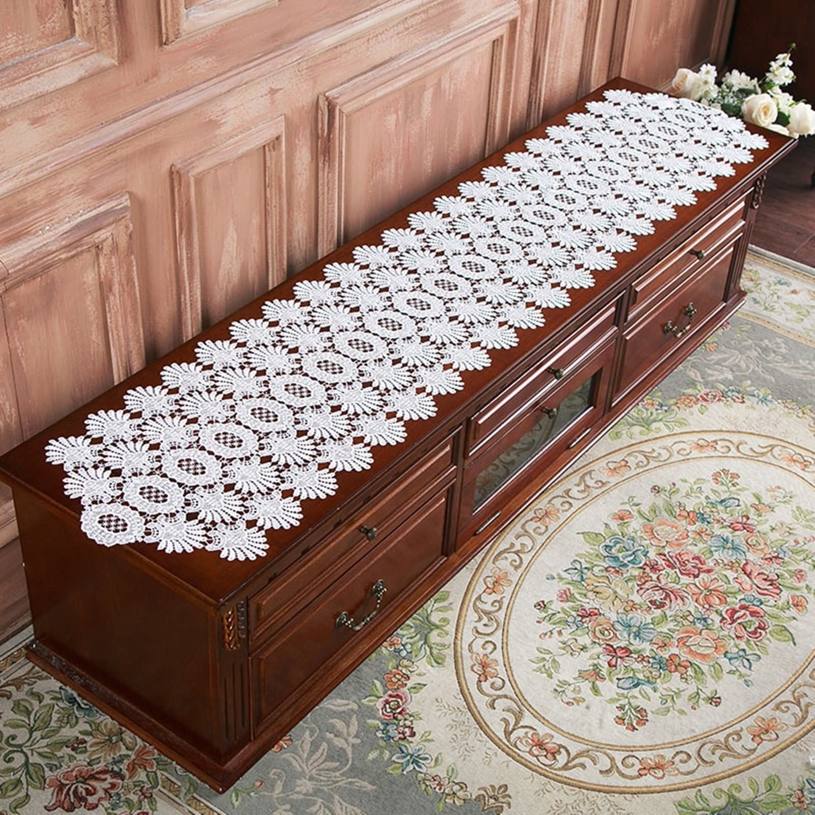 Świąteczny bieżnik na stół, biały kuchenny bieżnik na stół pusty koronkowy wzór poliester bieżnik na stół 40 x 220 cm dekoracja kuchni dekoracje stołu