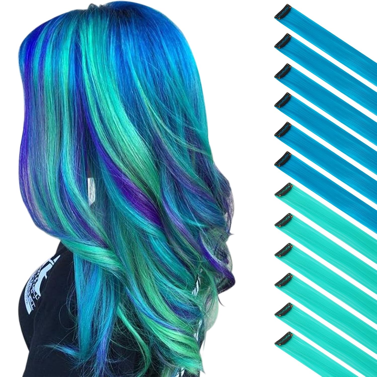 FESHFEN Colored Hair Extension, 12 PCS Teal Blue and Royal Blue Clip in Hair Extension Highlight Colorful Straight Synthetic Hairpieces for Women Girls, 22 inch