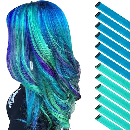 Miniatura 21 de FESHFEN Extensiones de Cabello con Clip de Colores - 10 PIEZAS Mechón de Cabello con Reflejos Azul Oscuro Extensiones Sintéticas Lisas con Clip