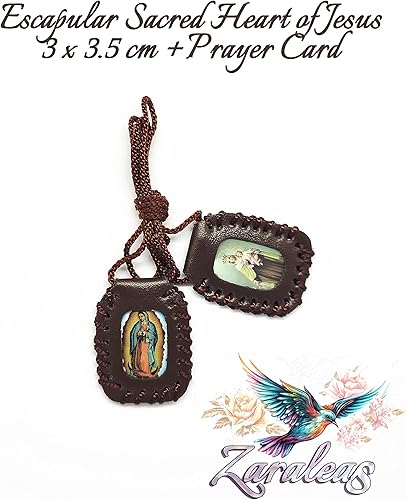 Miniatura 2 de Escapulario en Cuero sagrado Corazon, Virgen del Carmen, Virgen de Guadalupe y san Miguel arcangel. 1.2x1.4 in. (Marrón)