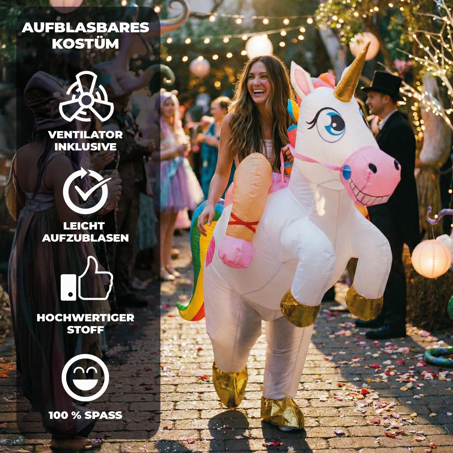 AirSuit® Aufblasbares Kostüm Magisches Einhorn | Ausgefallenes Auflbaskostüm | Premium Qualität | Größe Erwachsene 160 bis 190cm | Polyester | Angenehm tragbar | Resistent | Mit Aufblassystem| SparkL®