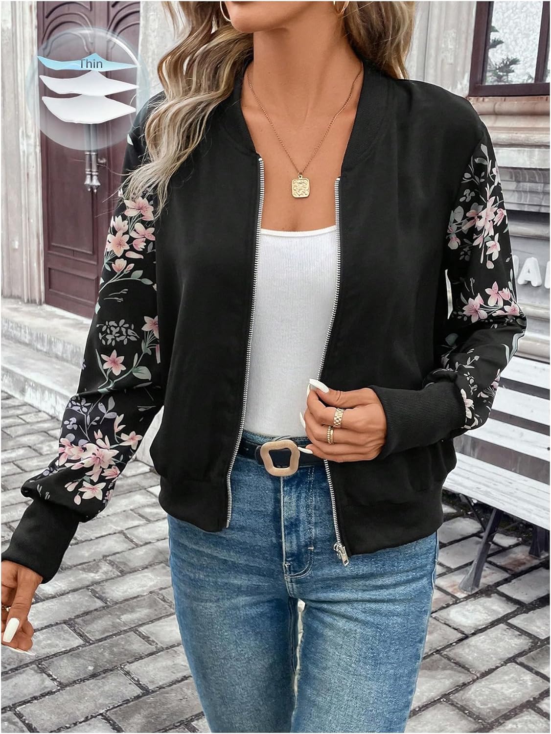 OYOANGLE Women's Floral Print Long Sleeve Zip Up Bomber Jacket Drop Shoulder Lightweight Dressy Coat - Image 3