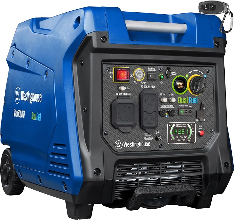 Westinghouse Generador inversor portátil de combustible dual súper silencioso de 5000 vatios pico, arranque eléctrico remoto, alimentado por gas y propano, salida de 30 A lista para RV, capacidad paralela, azul/negro