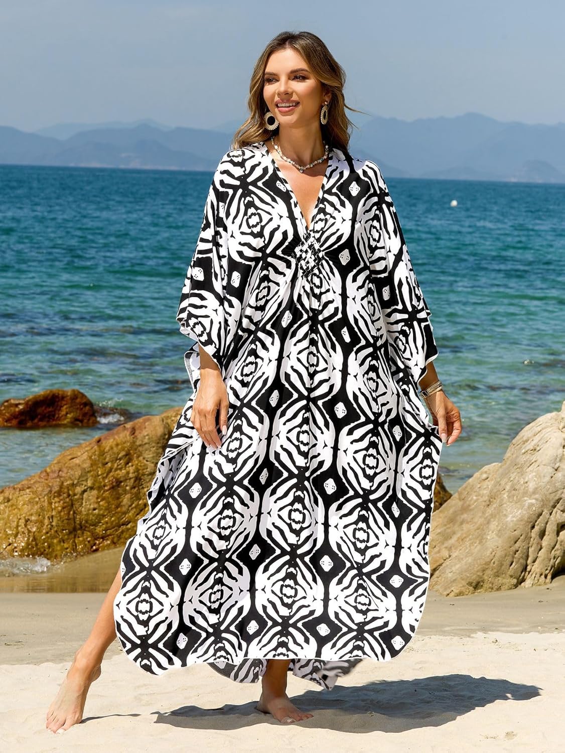 Kaftan Dresses for Women Plus Size V-Neck Moo Moos Batwing Kaftan Beach Dress Bathing Suit Cover-Up Loungewear - Image 6