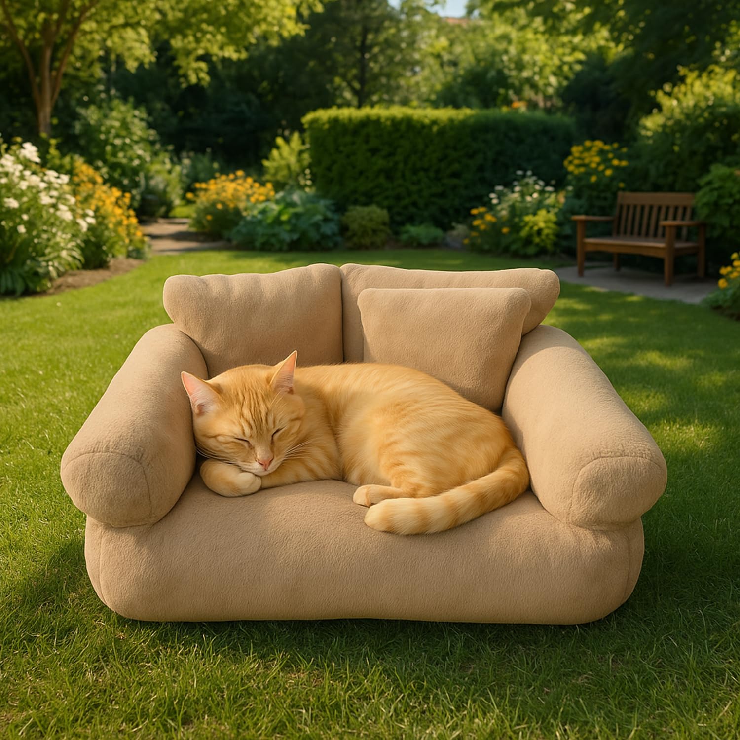 Katzenbett kleines Hundesofa Flauschig und waschbar Katzensofa Hundebett für Katzen, weich Katzenbett katzencouch mit Rutschfester Unterseite (Camel, XL)