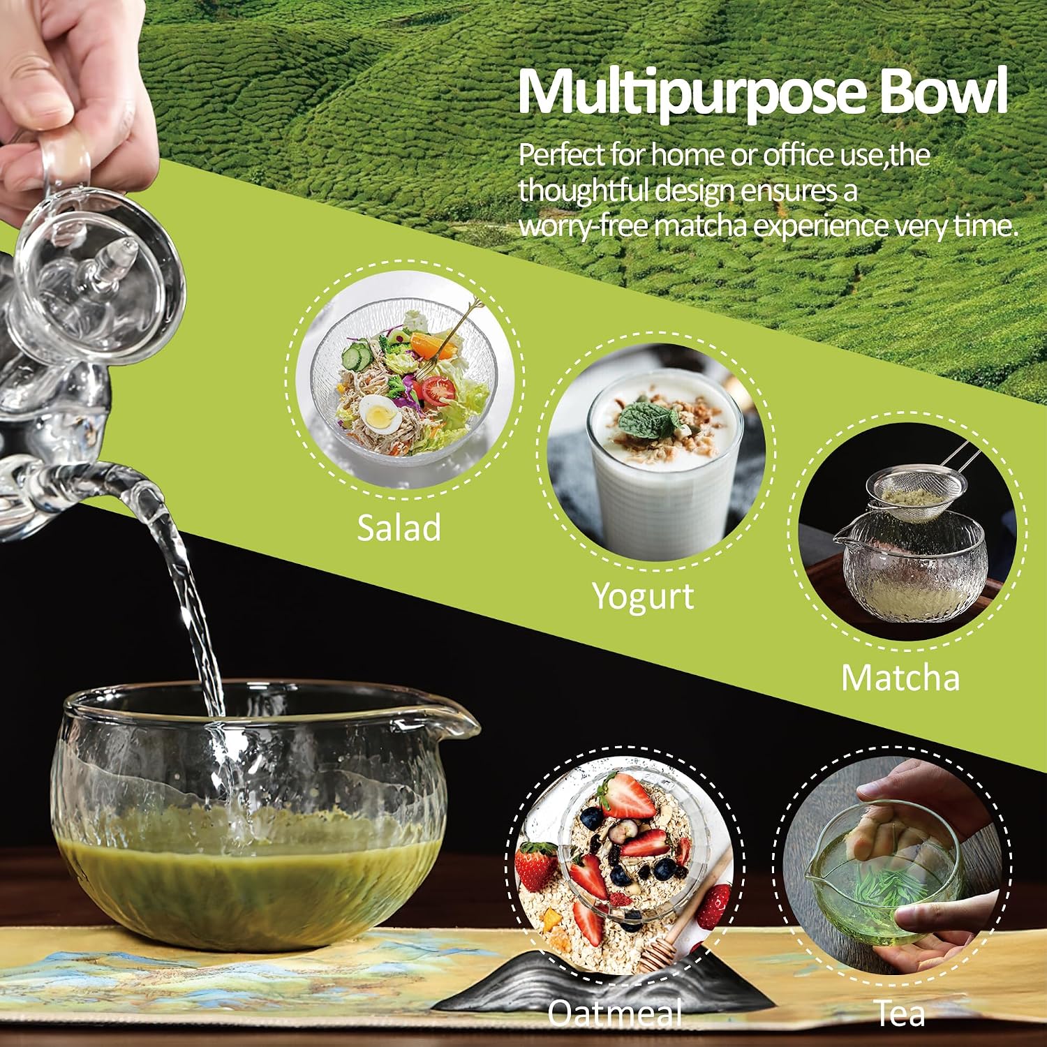 Matcha Bowl and Whisk Holder Set, Glass Matcha Bowl with Spout, Ceremonial Mixing Chawan, Clear Traditional Japanese Matcha Kit for Tea/Matcha Powder/Soup - Hammer Pattern
