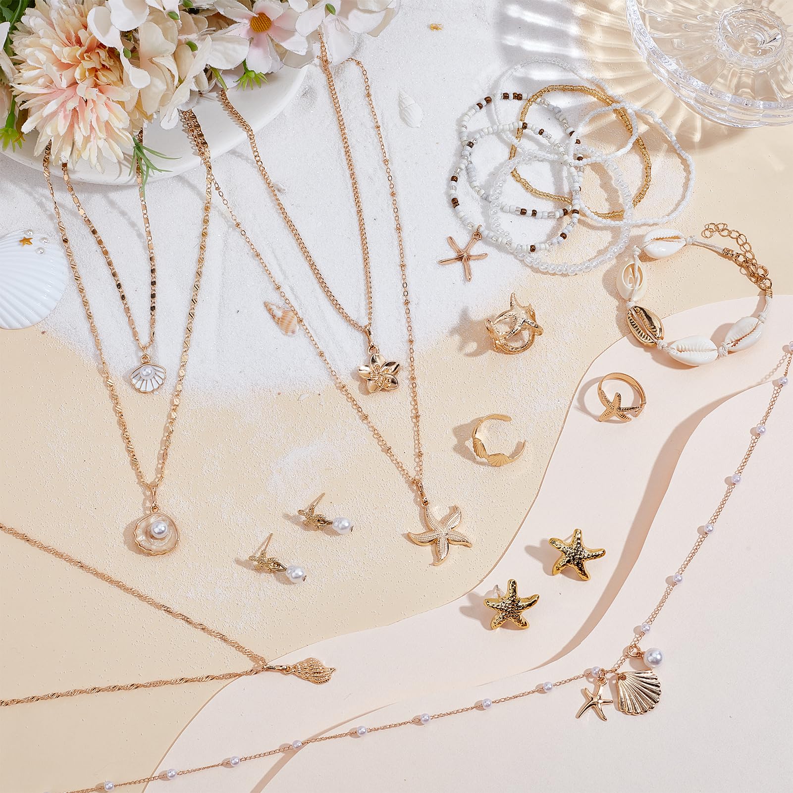 NICENEEDED 20 Juego de Joyas de Concha Y Estrella de Mar, Pendientes de Concha Marina, Anillos, Collar Bohemio con Dijes En Capas