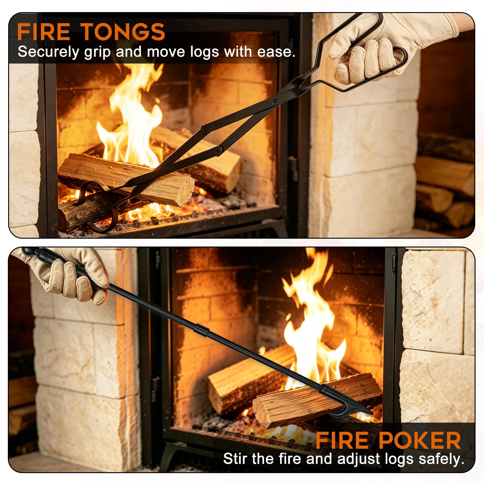 FEED GARDEN Juego de pinzas para chimenea de 32 pulgadas y pinzas de chimenea de 25 pulgadas para hoguera, accesorios de herramientas de chimenea, juego de agarrador de troncos para camping, estufa de