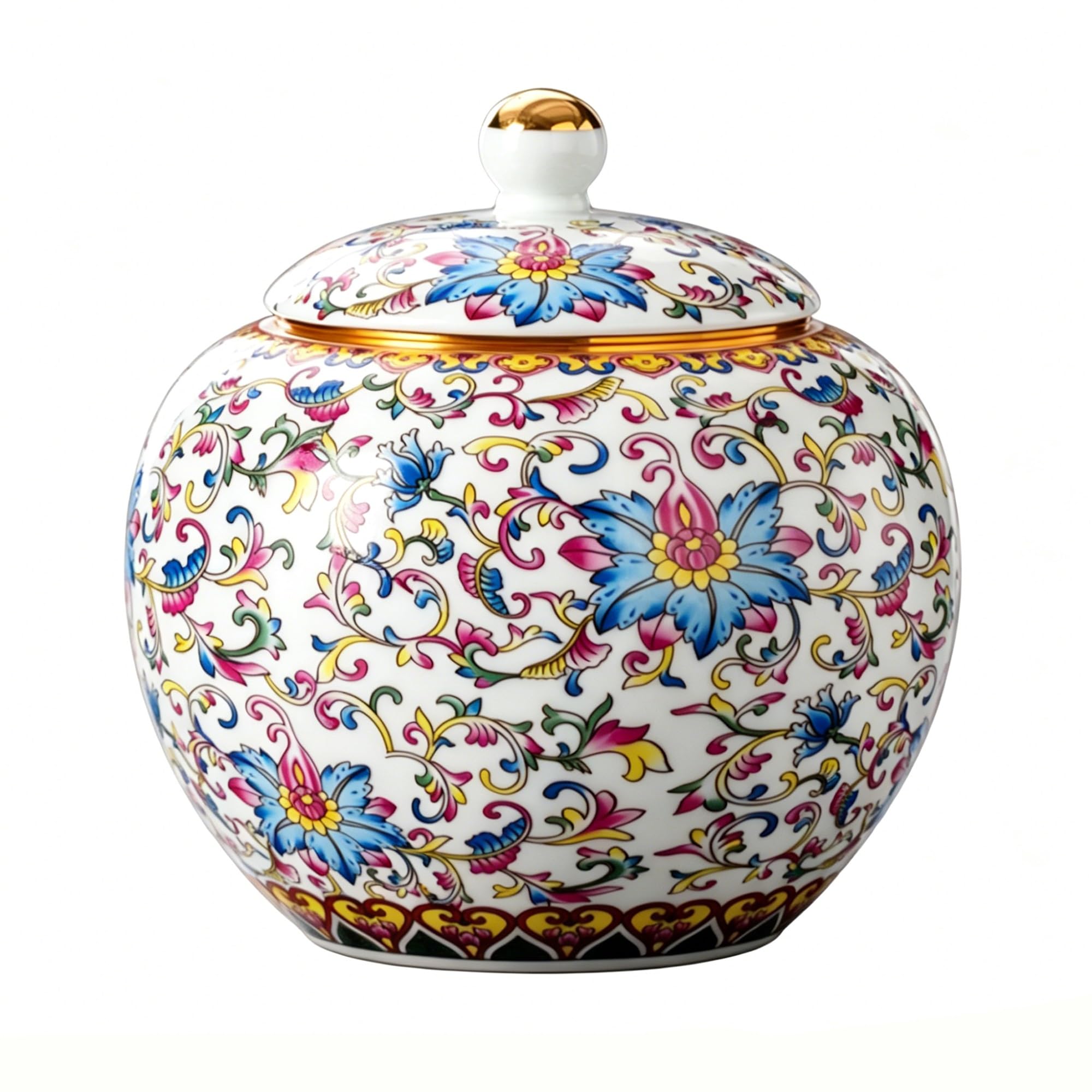 MMleYN Chinoiserie Enamel Ginger Jar With Airtight Twist Lid, Hand-Painted Round Ceramic Decorative Jar, Vintage Porcelain Food Canister For Loose Tea, Coffee Beans(E)