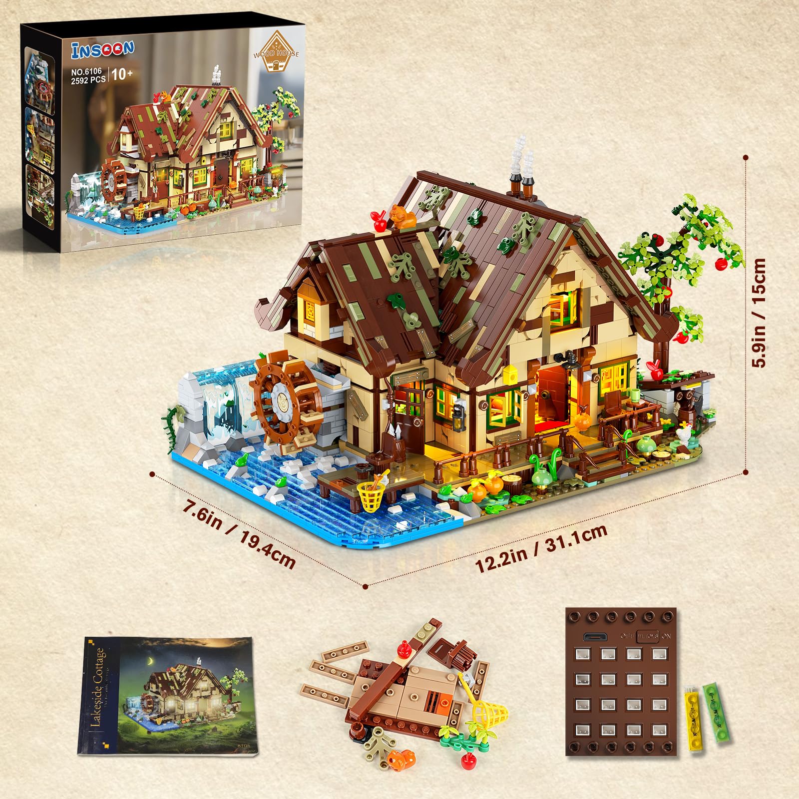 INSOON Jeu de Construction Maison en Bois avec lumières Adultes | Mini briques de construction, chalet forestier avec animaux, modèle décoratif pour maison et bureau, cadeau femmes hommes