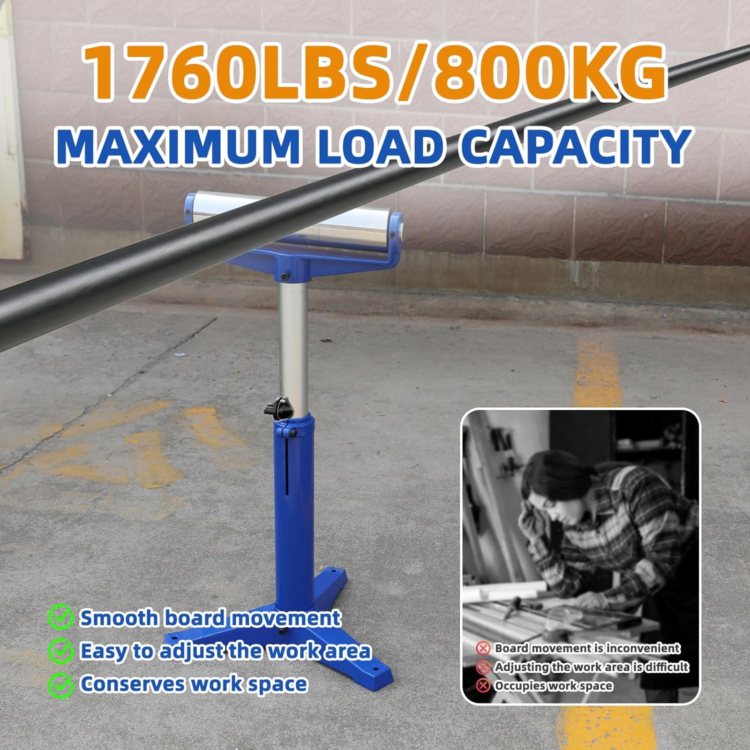 SOONTOOLS Heavy-Duty Roller Stand for Woodworking - Adjustable Height 22.83-38.19 Inches, Tall Pedestal Design, 1760 LBS Load Capacity Outfeed Support for Table Saw