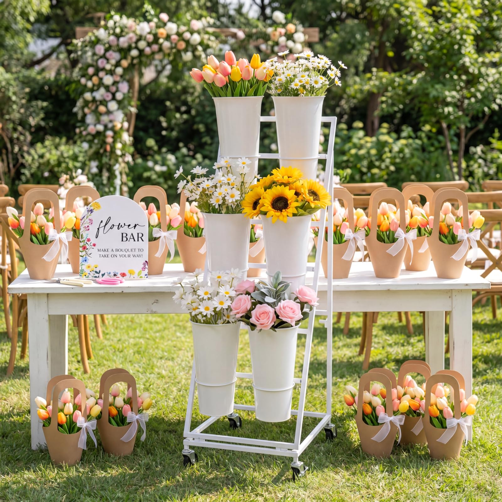Support de barre de fleurs magasin floral avec panneau bois et sacs bouquet fête