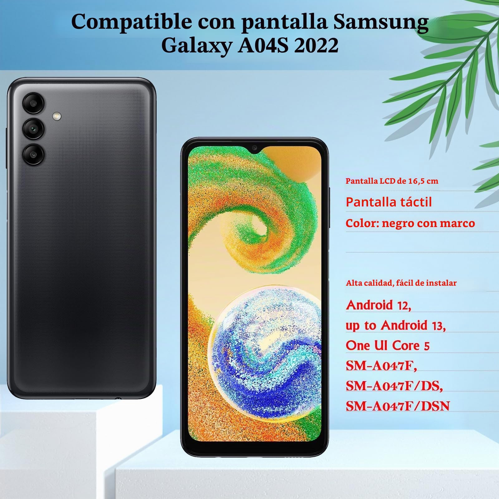 6.50'' Negro + Marco Pantalla LCD para Samsung Galaxy A04S 2022 SM-A047F SM-A047F/DS SM-A047F/DSN ​Kit de Reparación de Pantalla Táctil Digitalizador con Herramientas + Cristal templad