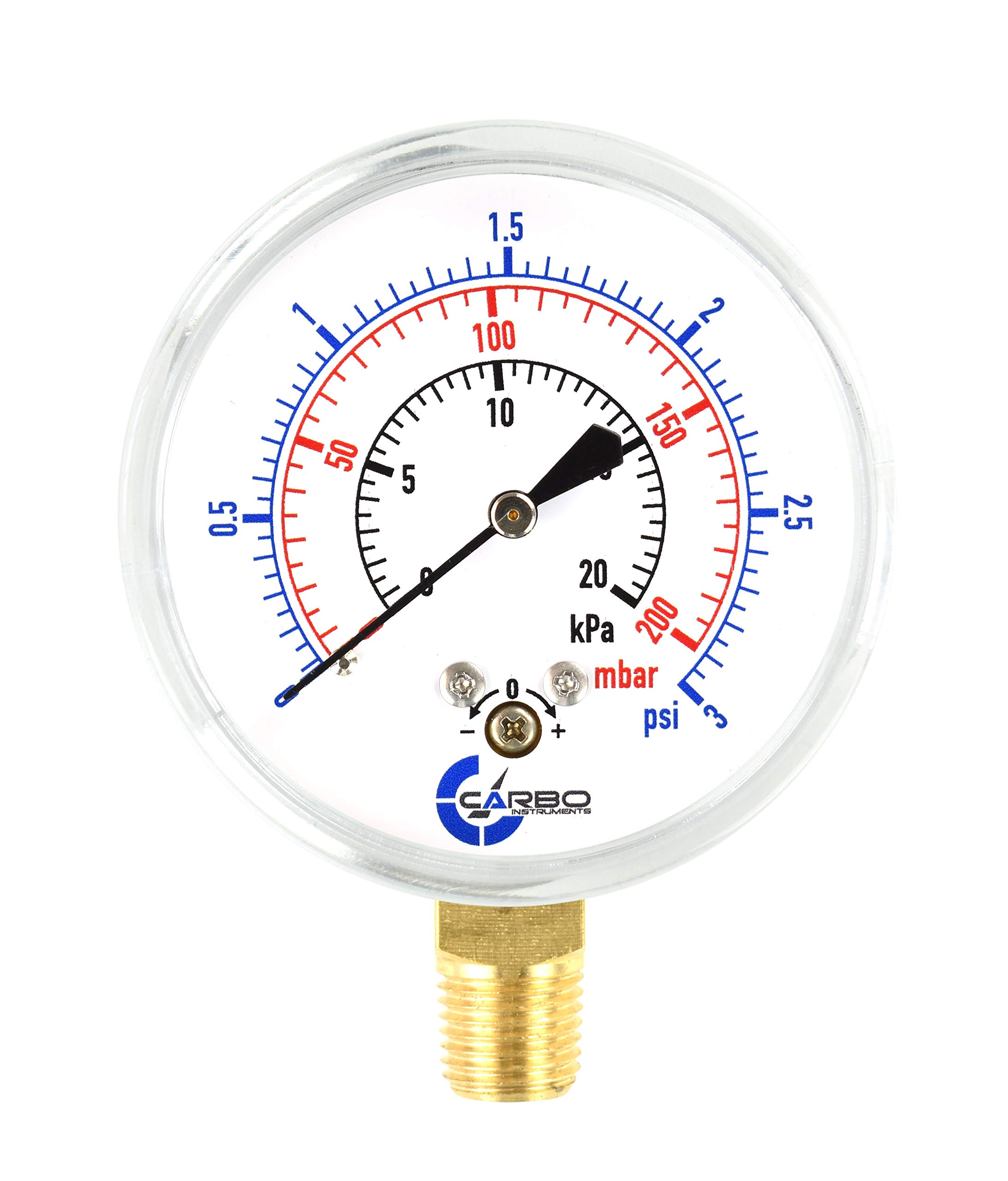 CARBO Instruments Diaphragm Low Pressure Capsule Gauge, 2-1/2" Dial, 3 PSI Range, 1/4" NPT Lower Mount, Chrome Steel Case, Brass Internals, Adjustable
