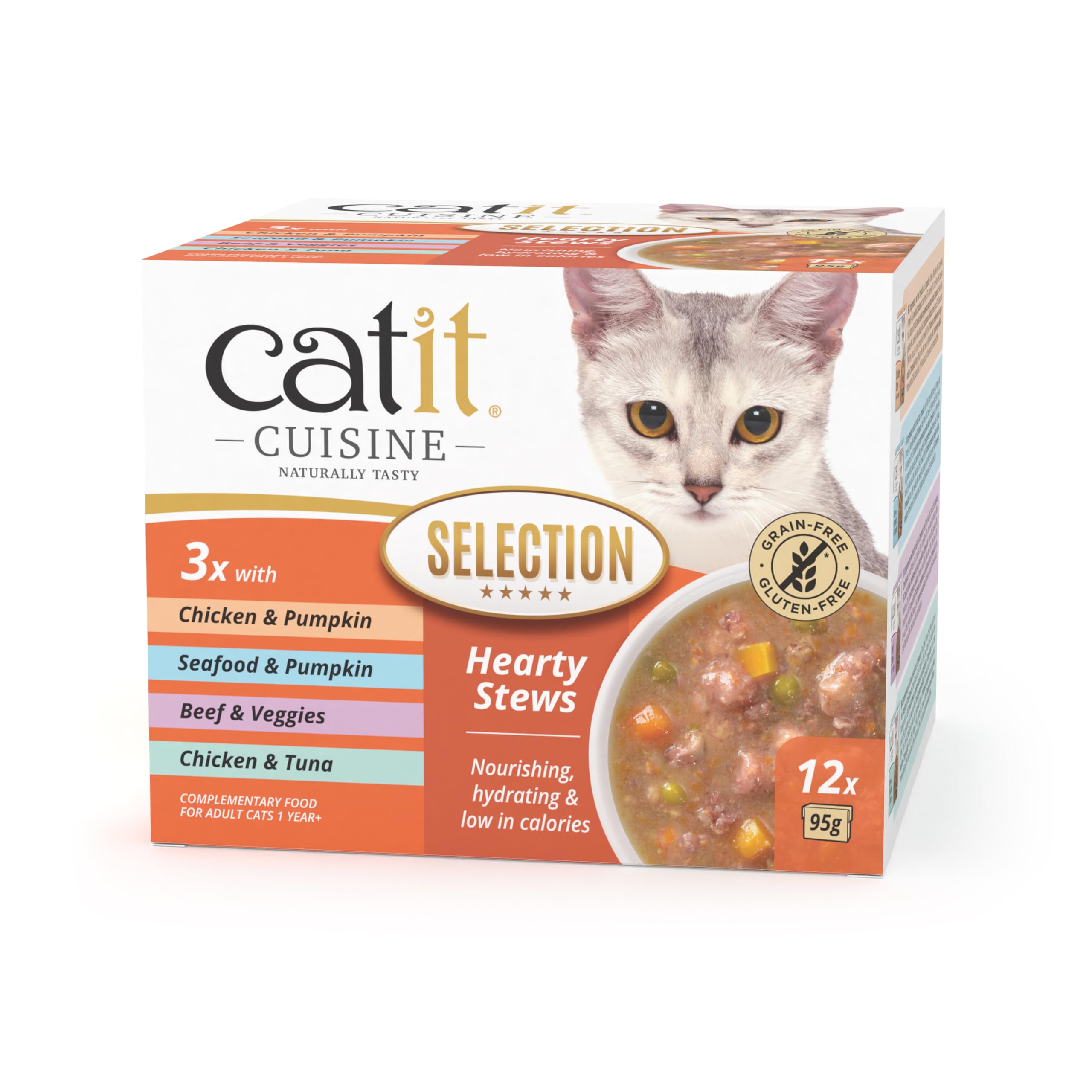 Catit Cuisine Variety Stew, Grain Free Wet Cat Food in Broth, Tender Meat Stew for Adult Cats, 95g Tetra Pack x12