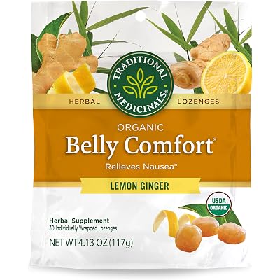 Traditional Medicinals Organic, Belly Comfort Lozenges, Lemon Ginger - Supports Nausea Relief and Occasional Indigestion - Non-GMO, Stimulant-Free - 30 Individually Wrapped Lozenges